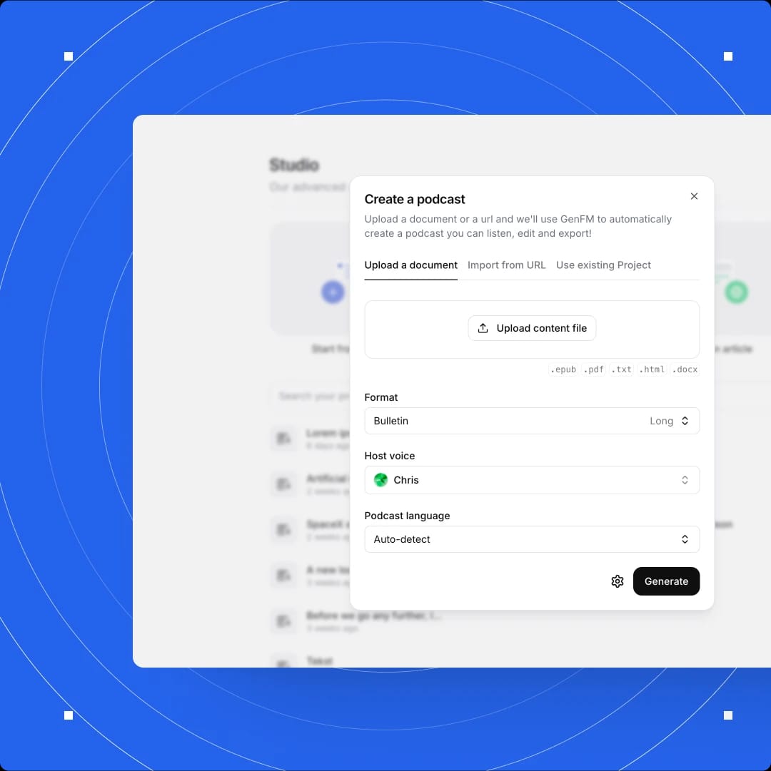 Create a podcast creation interface with options to upload a document, select format, host voice, and language.