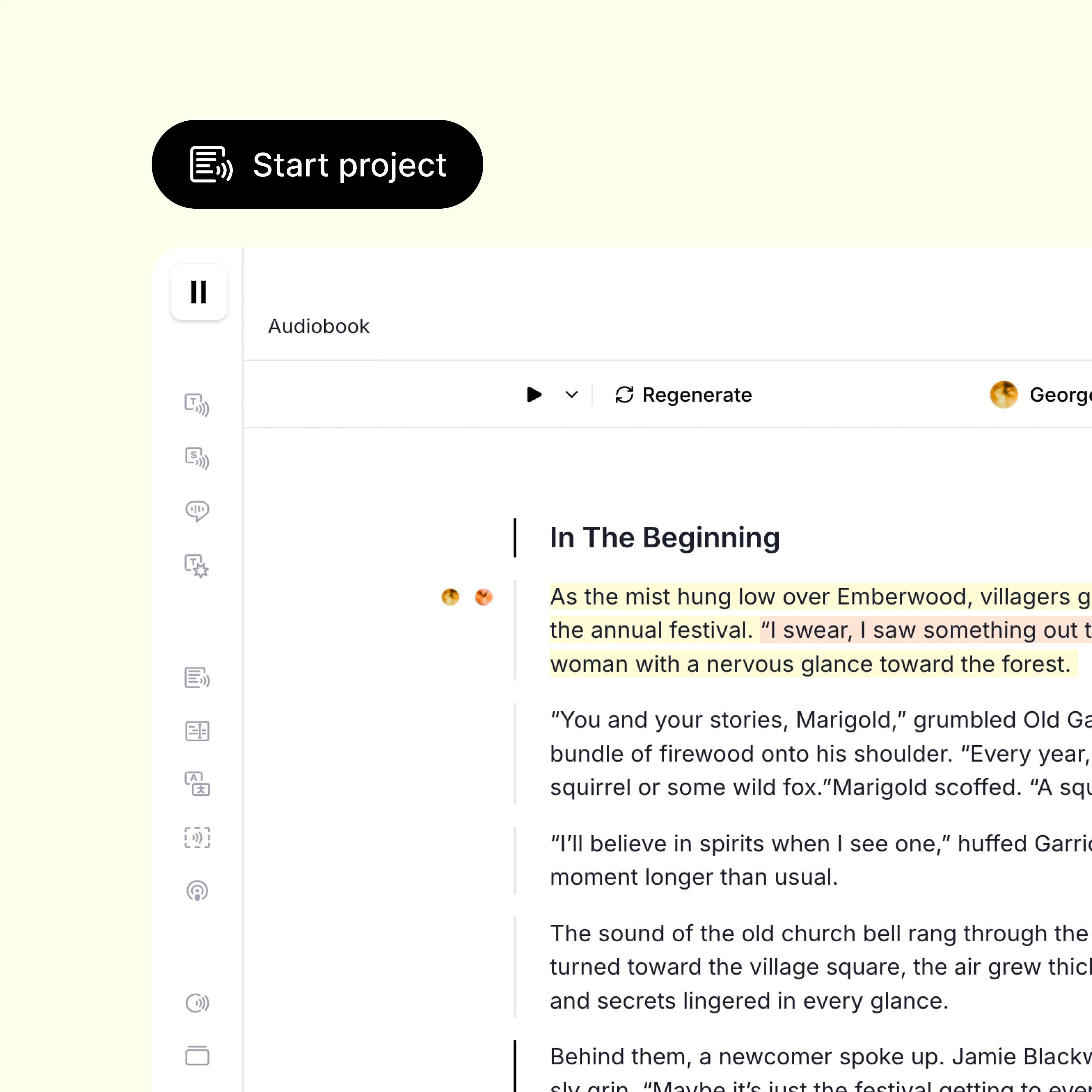 Screenshot of an audiobook editing interface with highlighted text and a "Start project" button.