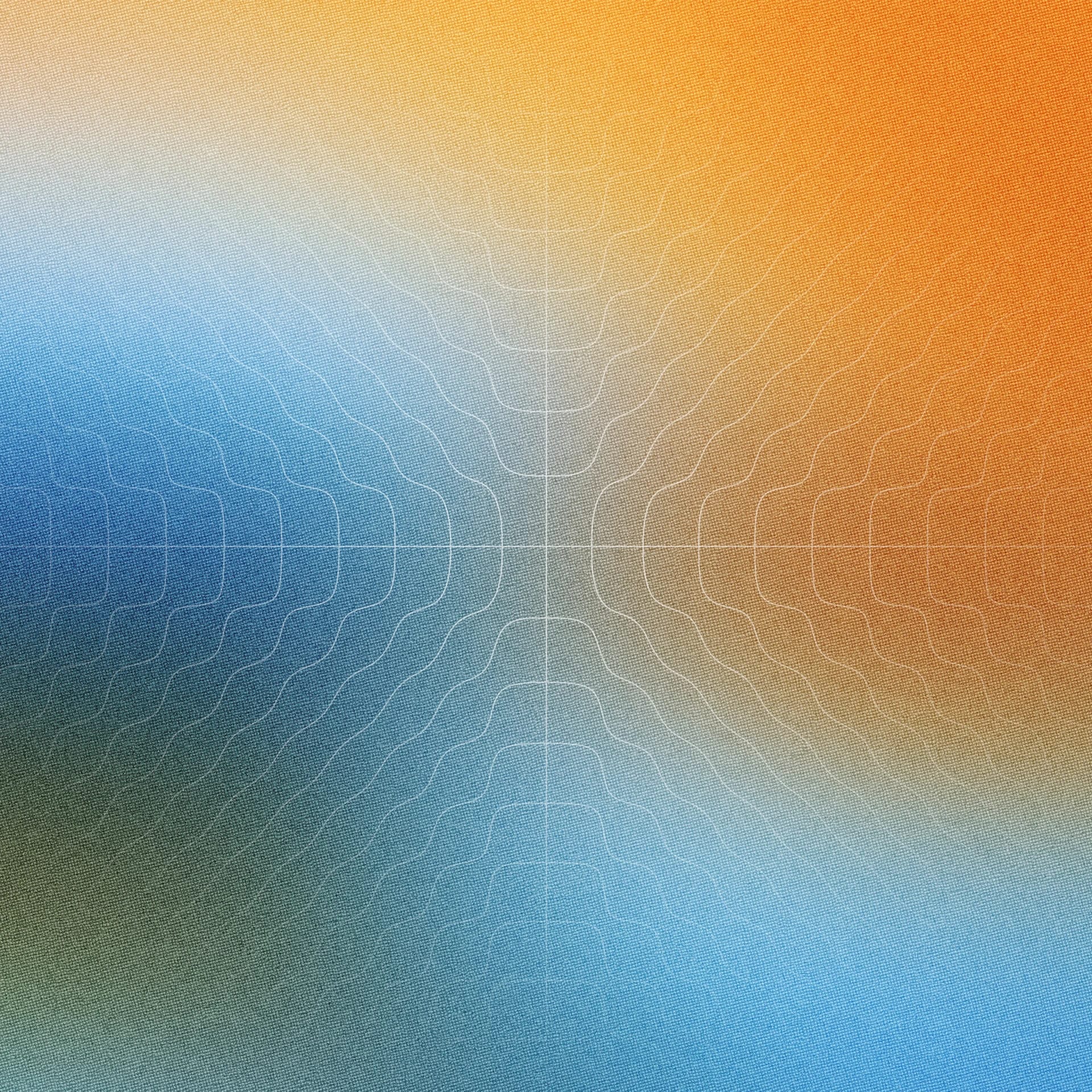 A layered, abstract composition of nested rounded squares radiating outward from a warm orange-red center, bleeding into vibrant pinks, purples, and blues at the edges, with a prismatic light flare on the left side giving it an iridescent, holographic feel.