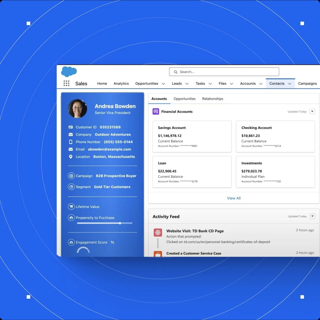 Screenshot of a customer profile dashboard showing Andrea Bowden's contact details and financial accounts.