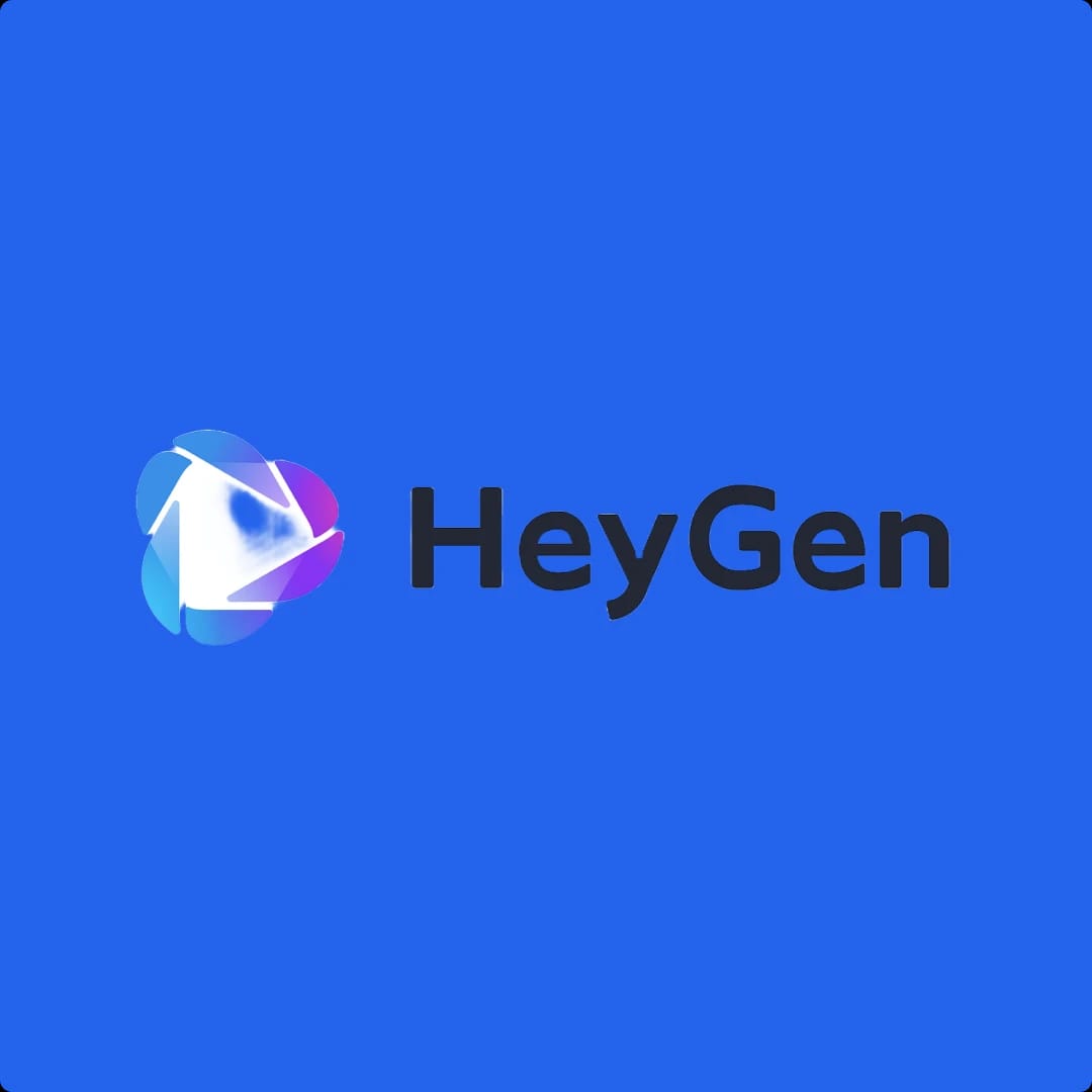 HeyGen logo on a blue background.