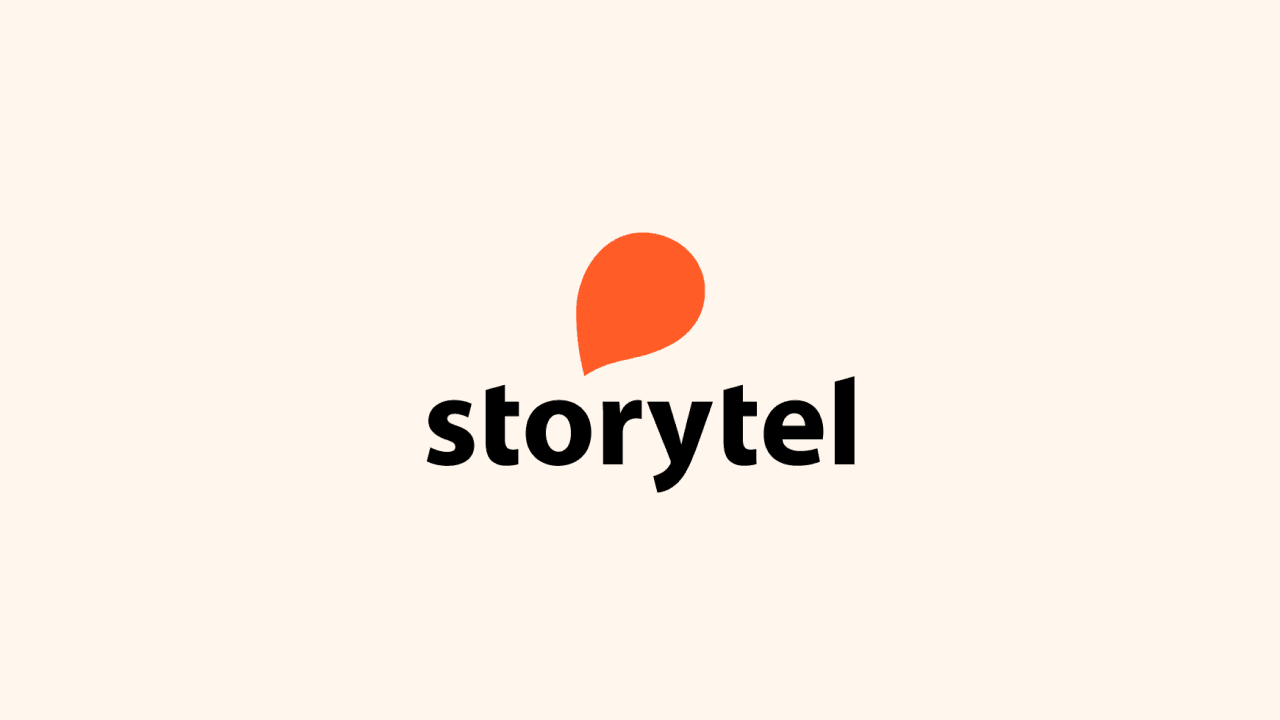 Storytel logo with an orange speech bubble icon above the black text "storytel" on a light background.