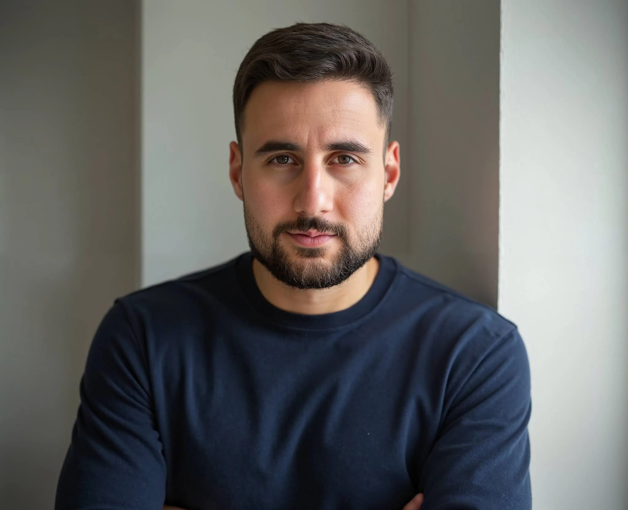 Man with a bread and blue shirt looking serious.