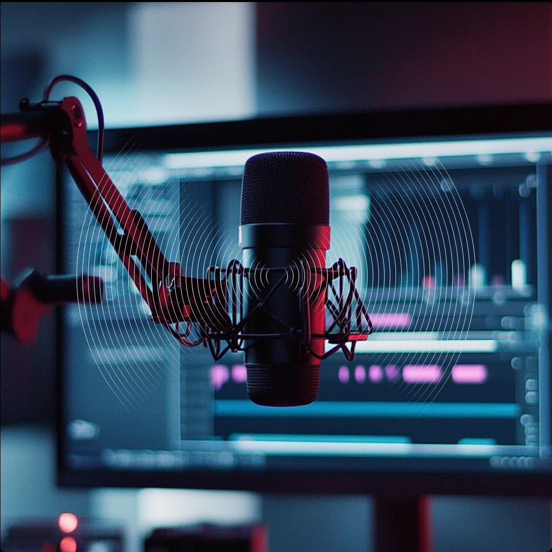 A professional microphone mounted on a boom arm in a recording studio with audio editing software visible on a computer screen in the background.
