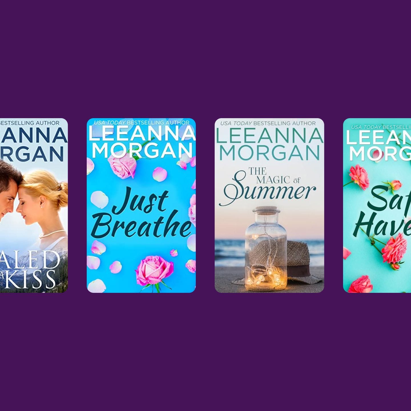 Four book covers by Leanna Morgan, featuring themes of love, breathing, summer, and happiness.