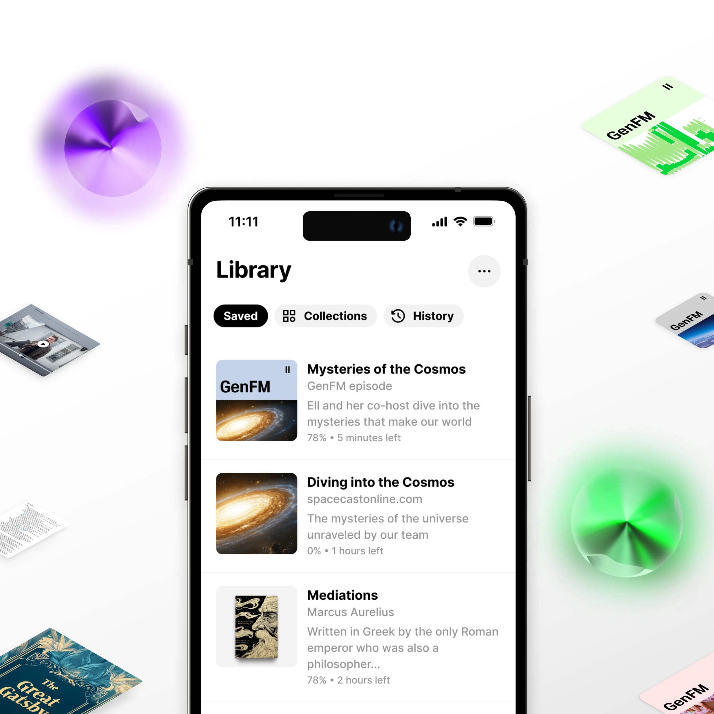 A smartphone displaying a digital library app with podcast episodes about space and philosophy, surrounded by floating printed materials and colorful abstract shapes.