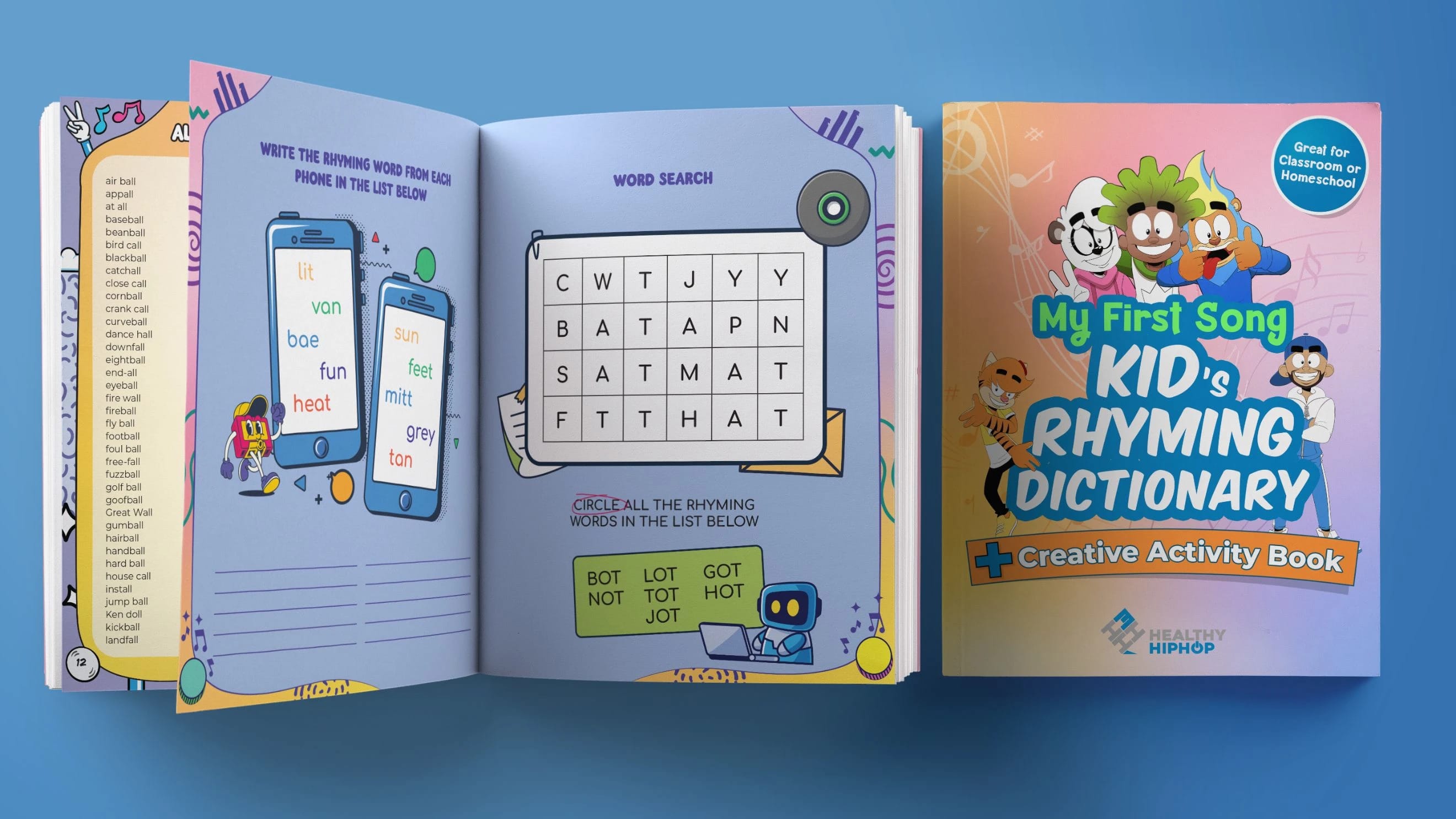 Kid's rhyming dictionary and activity book with word search and creative exercises