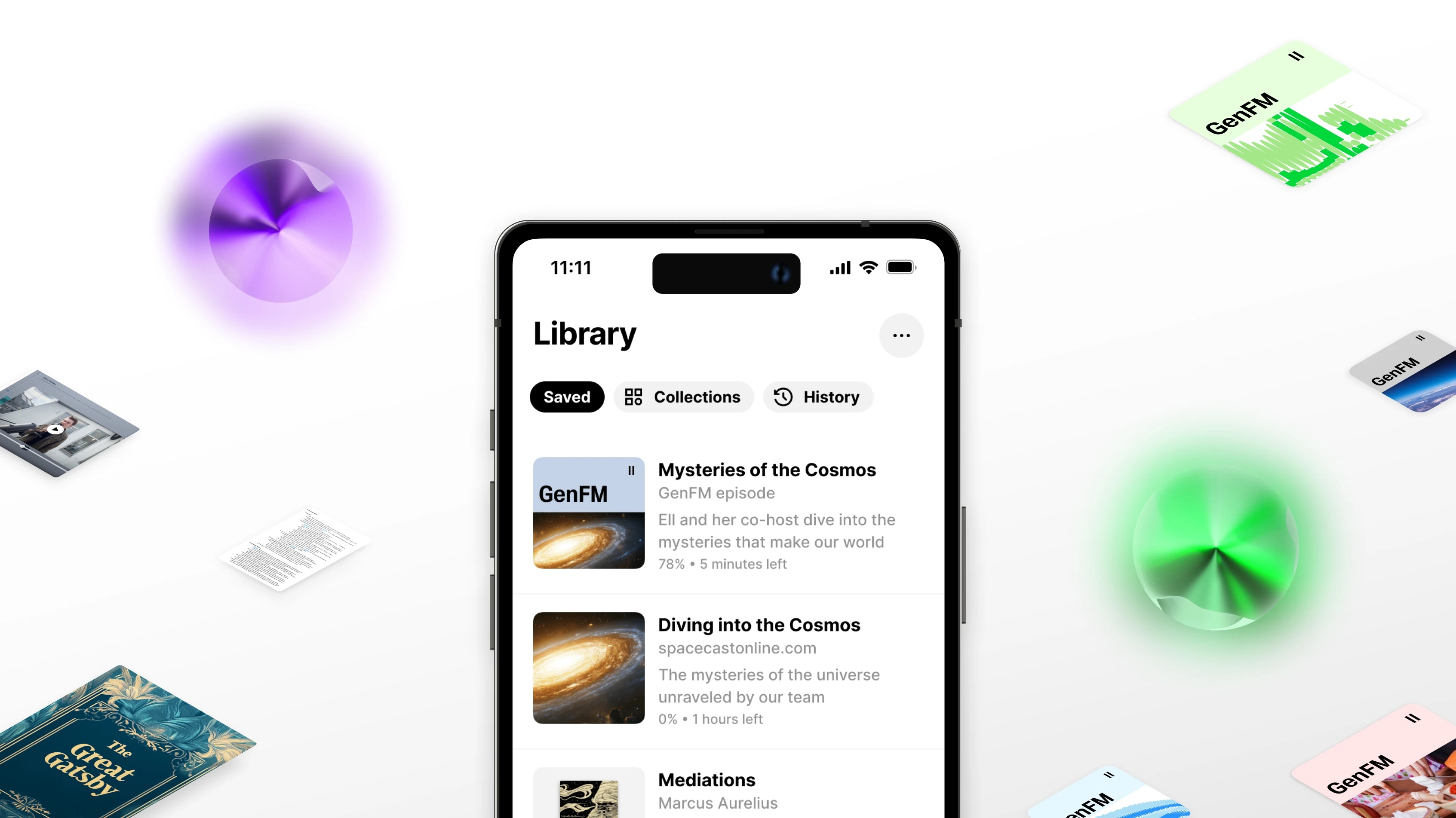 Smartphone displaying a digital library app with podcast episodes about space and the cosmos.