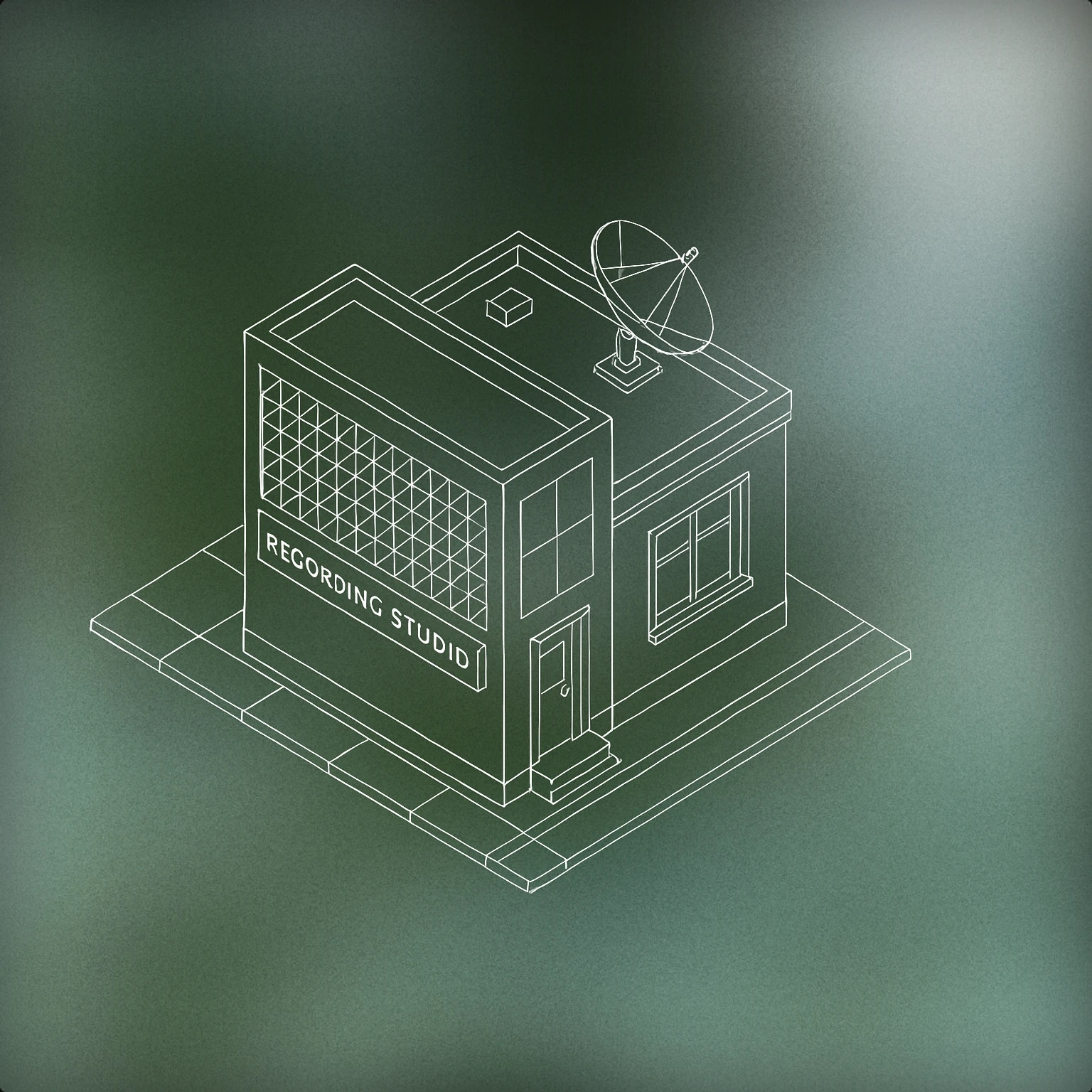 Cover of music recording studio building with an exterior large stylized soundproofed wall and a visible rooftop satellite dish for Building sound effects