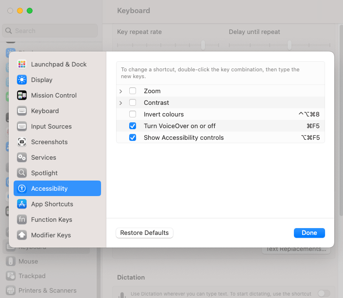 Accessibility settings window showing options to turn voice over on or off and show accessibility controls.