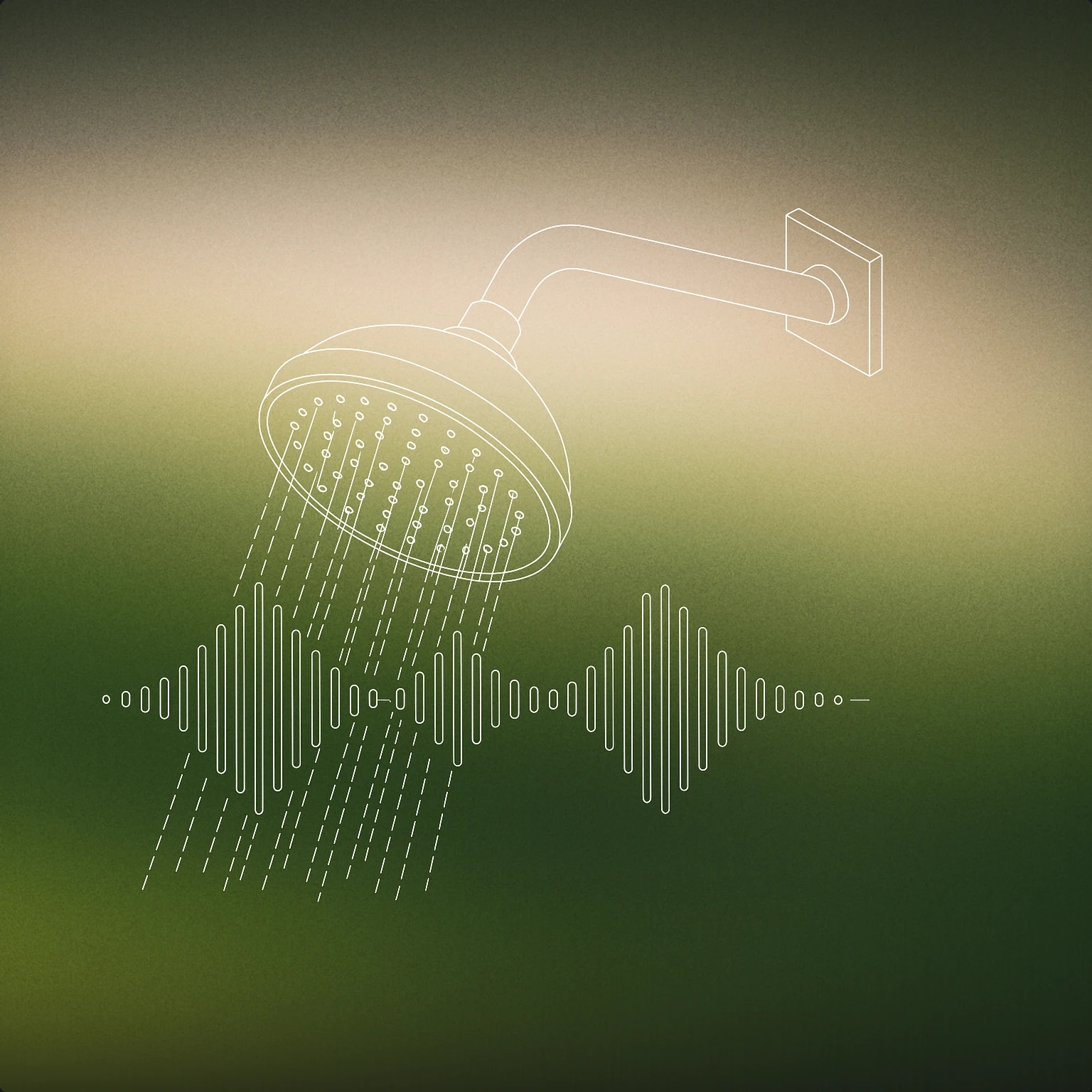 Cover of A modern showerhead with stylized water droplets forming a subtle soundwave pattern as they fall for Shower sound effects