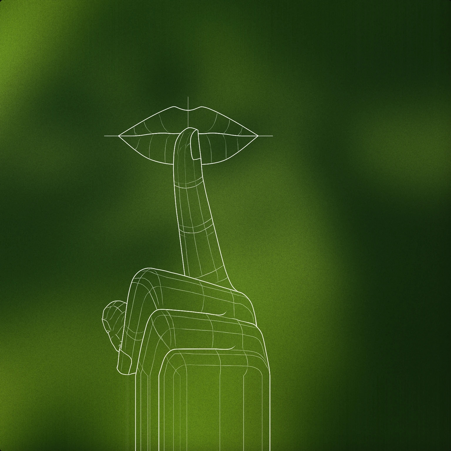 Cover of a single finger held vertically in front of closed lips for Shh sound effects