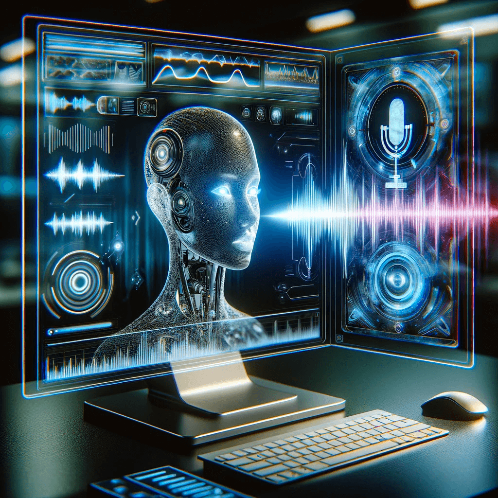 A futuristic digital interface with a humanoid robot's head, holographic displays, sound waves, and a microphone icon.