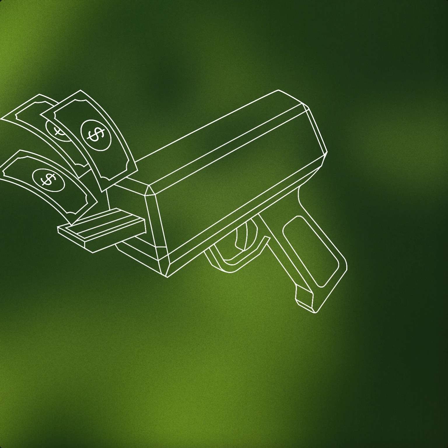 Cover of A stylized cash gun with a large, exaggerated trigger and a slot where bills are visibly being ejected in a dynamic arc for Money Gun sound effects