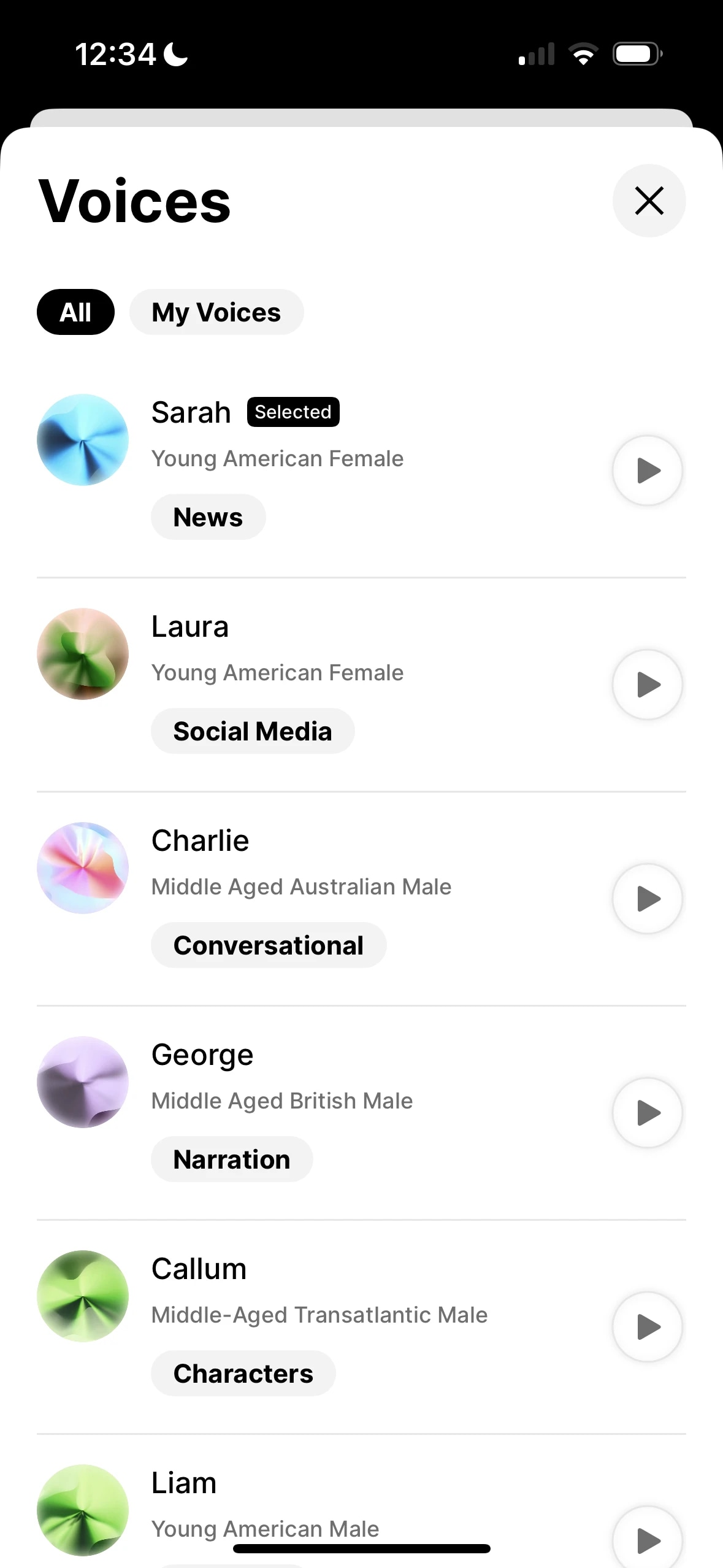 List of voice profiles with names, descriptions, and categories, each with a play button.