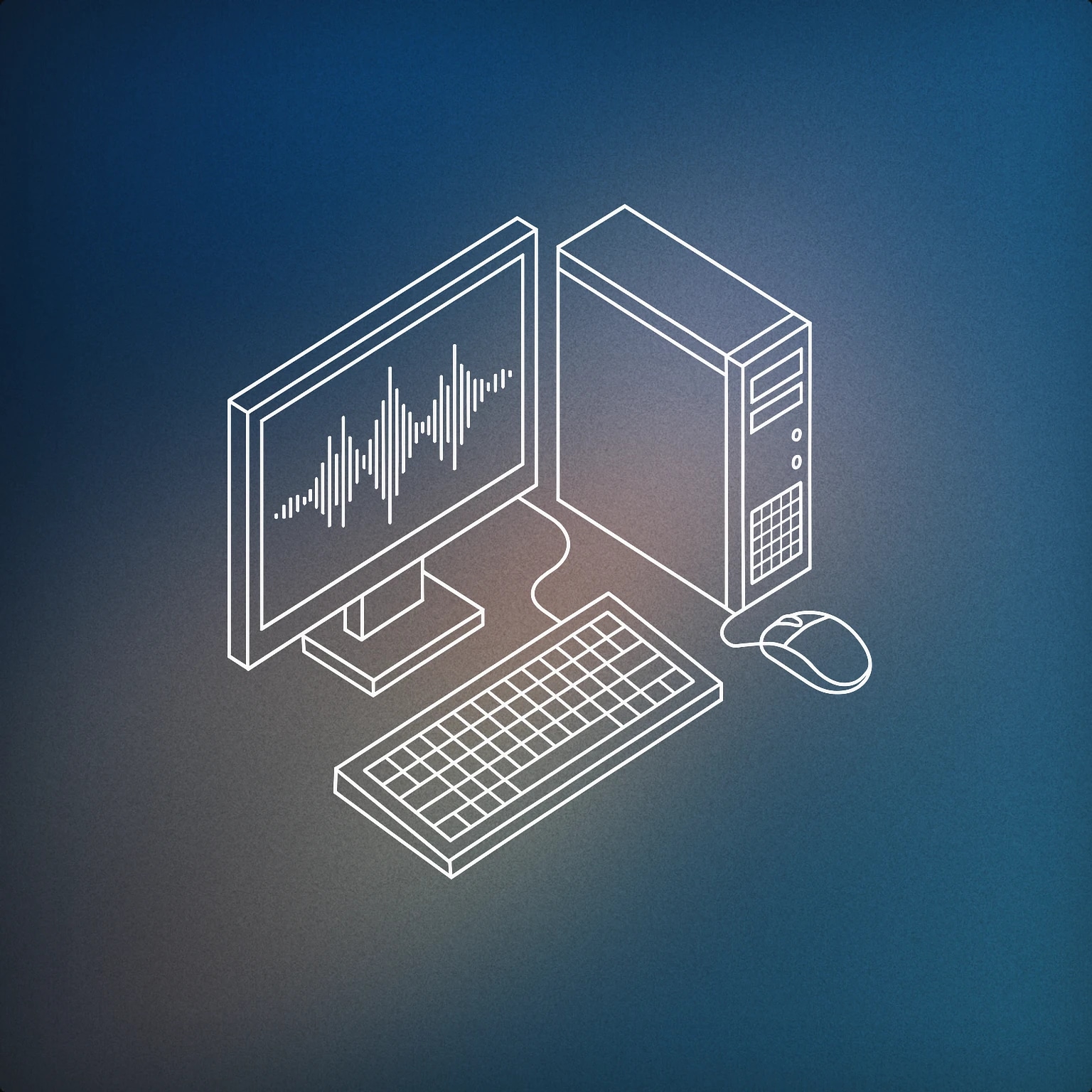 Cover of desktop computer with visible audio waveform on the monitor for Computer sound effects