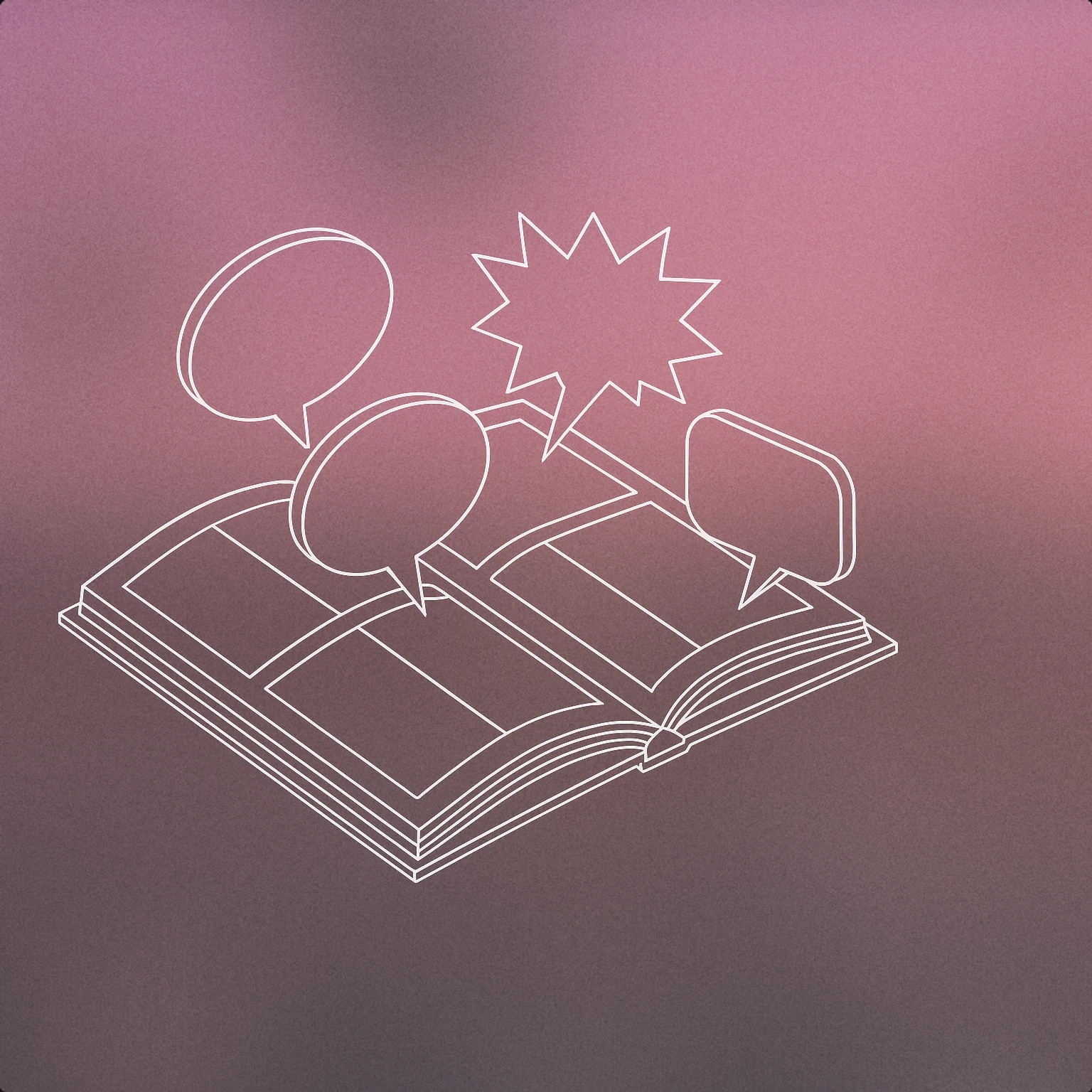 Cover of an open comic book with stylized speech bubbles emerging from its pages for Comic Book sound effects