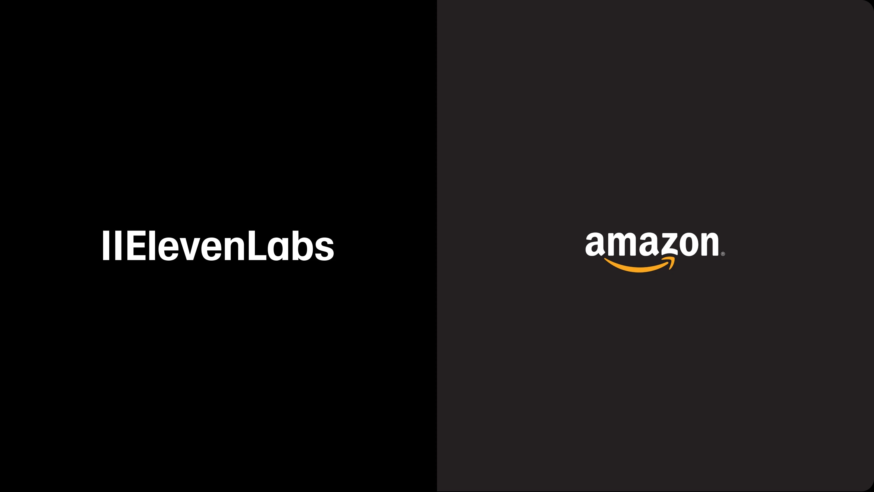 Side-by-side comparison of the IIElevenLabs logo on a black background and the Amazon logo on a dark gray background, illustrating branding contrast between a tech startup and a major e-commerce company.