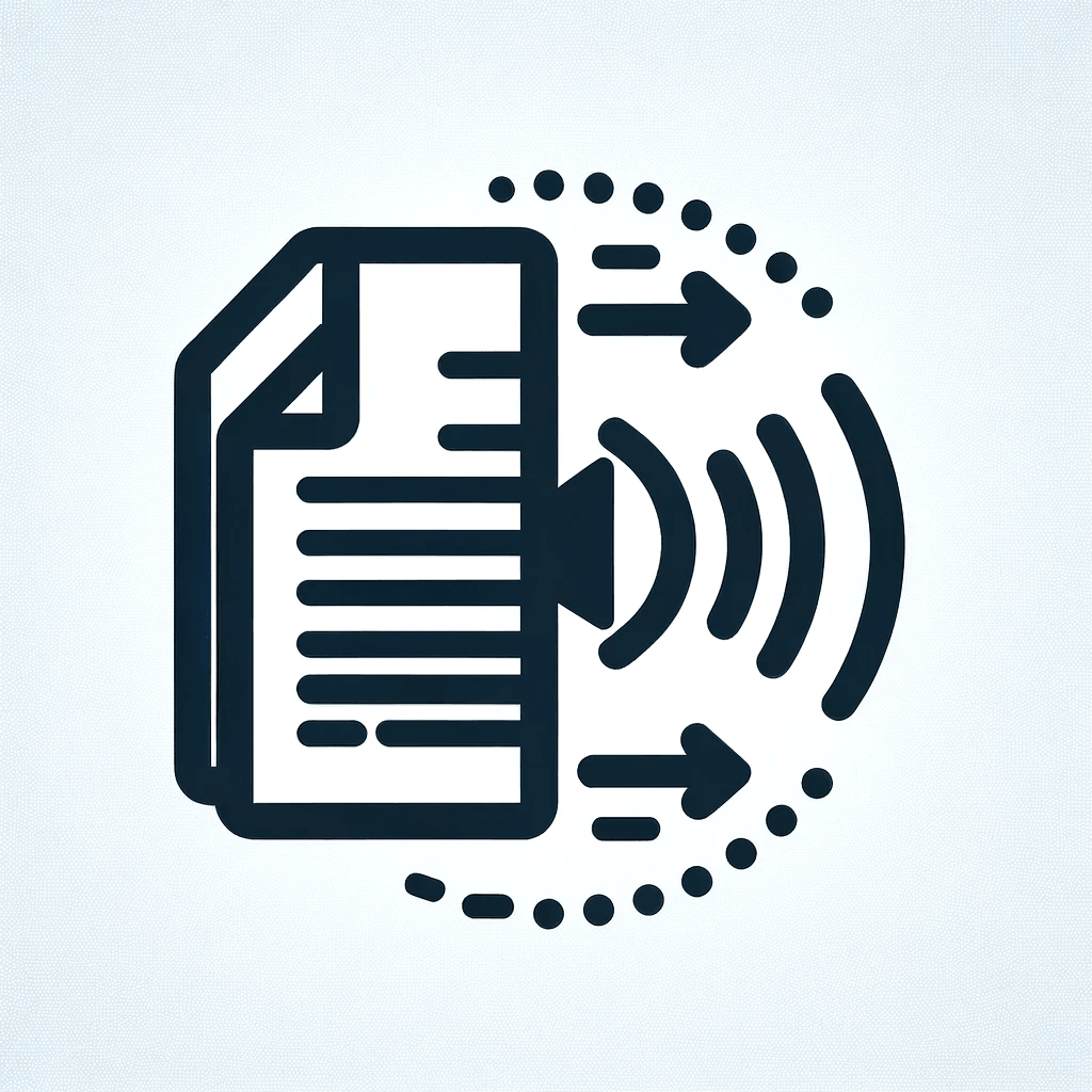 Icon of a document with sound waves and arrows indicating audio output or voice command.