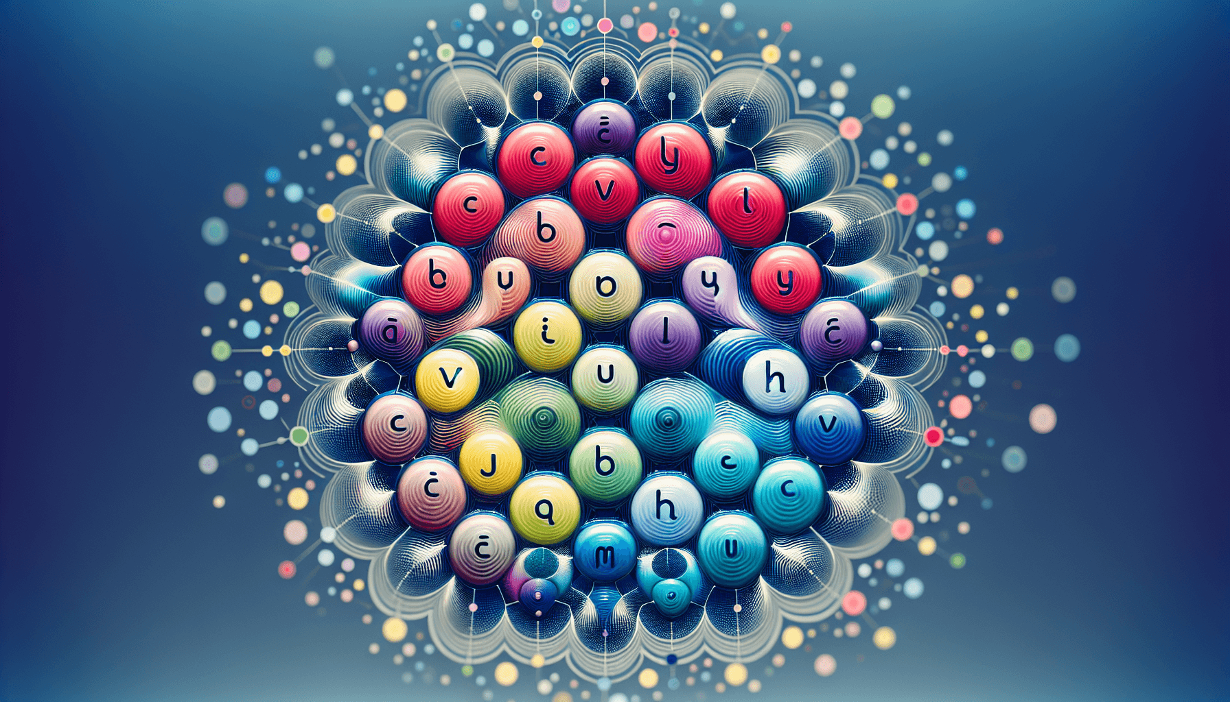 A colorful, abstract digital illustration of a molecule-like structure with spheres containing letters, connected by lines and surrounded by smaller dots and lines.