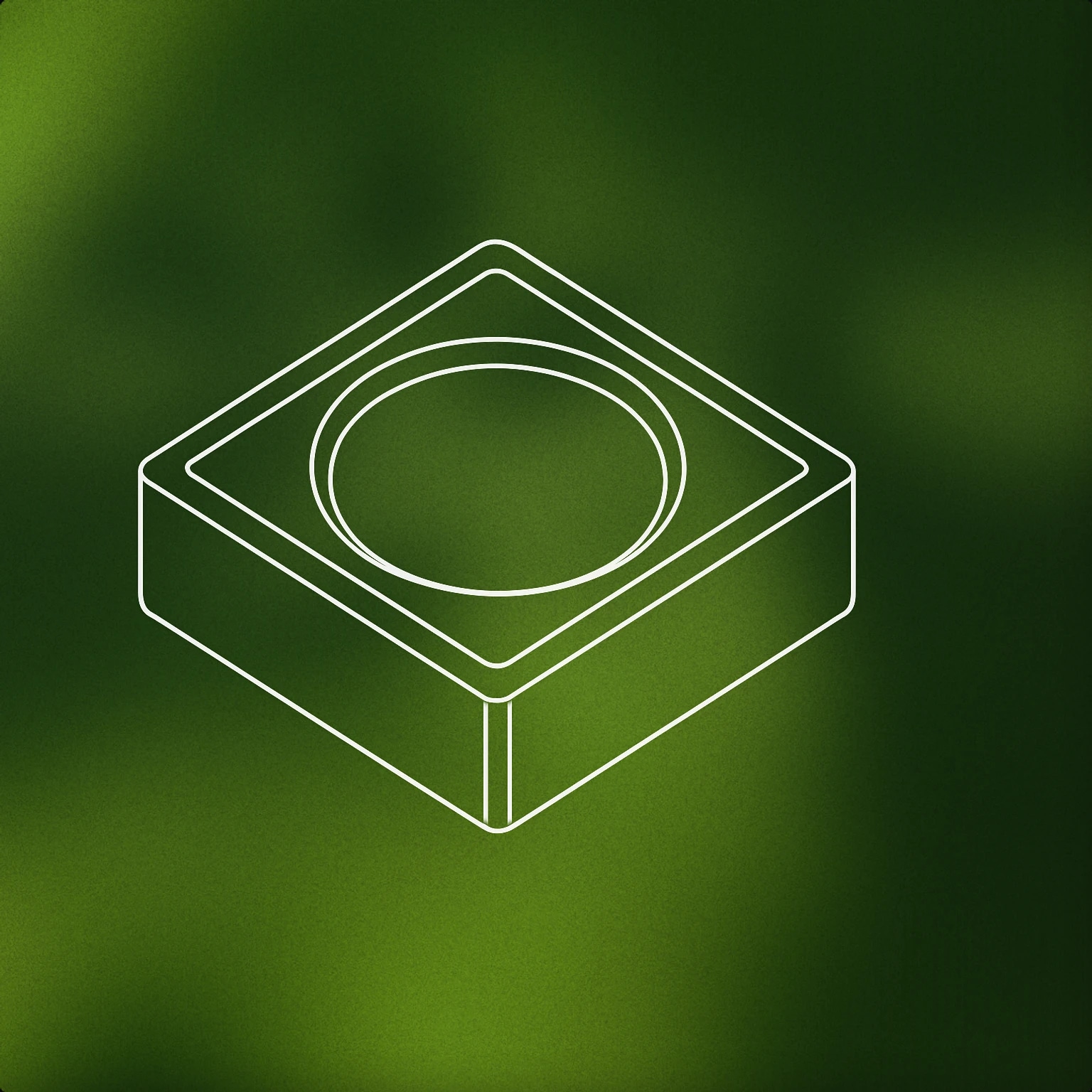 Cover of a single, minimalistic square button with a recessed circular center and a subtle raised border, resembling a classic stop button on recording devices for Record Stop sound effects