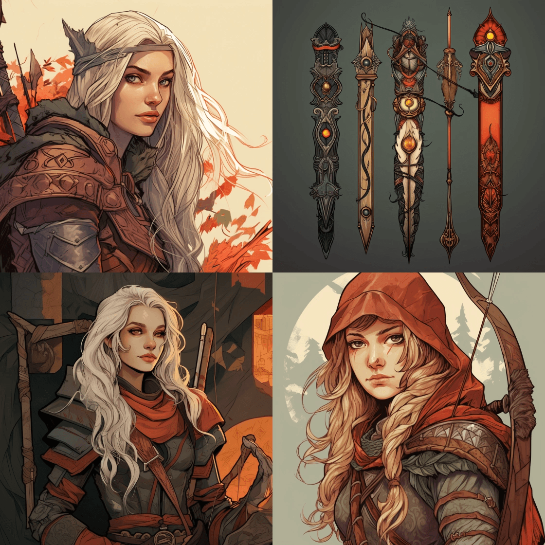 A digital illustration featuring four fantasy-themed characters and weapons, with two female warriors, a collection of five ornate swords, and a background of trees and mountains.