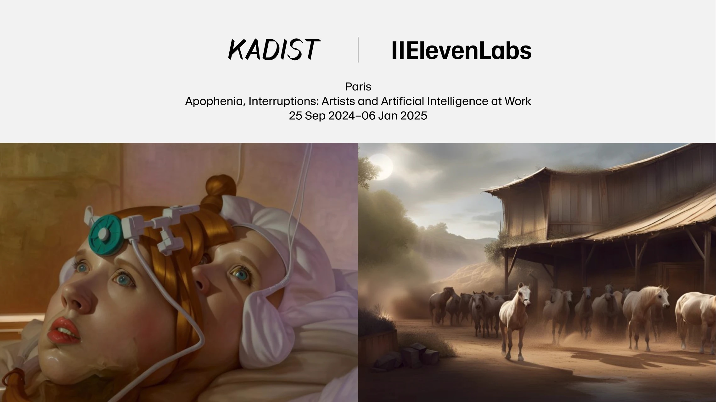 A split image with a woman lying in a hospital bed on the left and a herd of horses near a barn on the right.