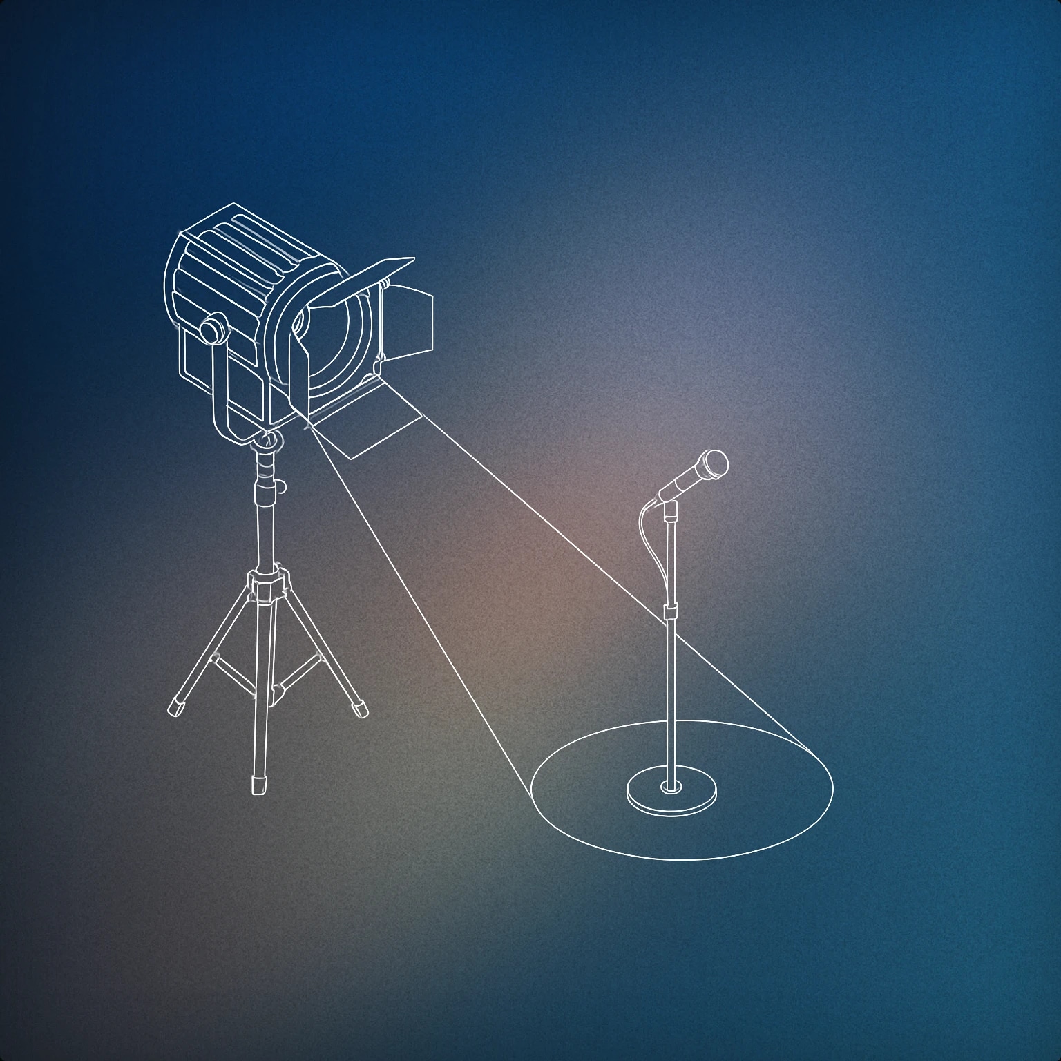 Cover of a standing stage spotlight with its beam focused on a single microphone stand for Show sound effects