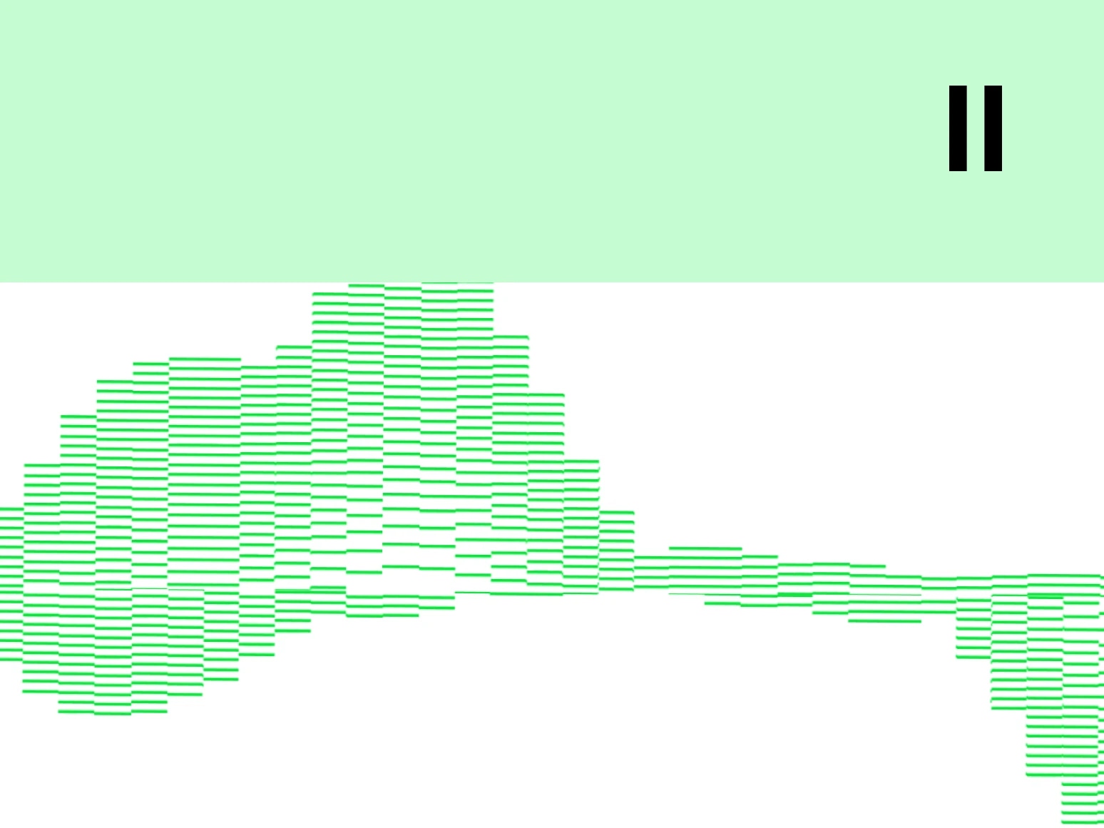 A digital audio waveform with a green and white background and a pause icon in the top right corner.