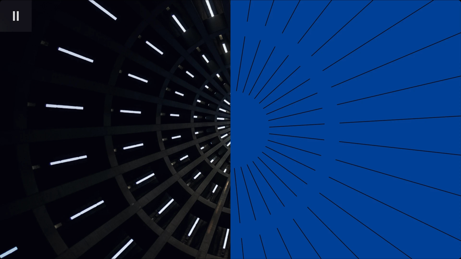 A split image with a dark, circular, tunnel-like structure with horizontal lights on the left, and a blue background with radiating black lines on the right.