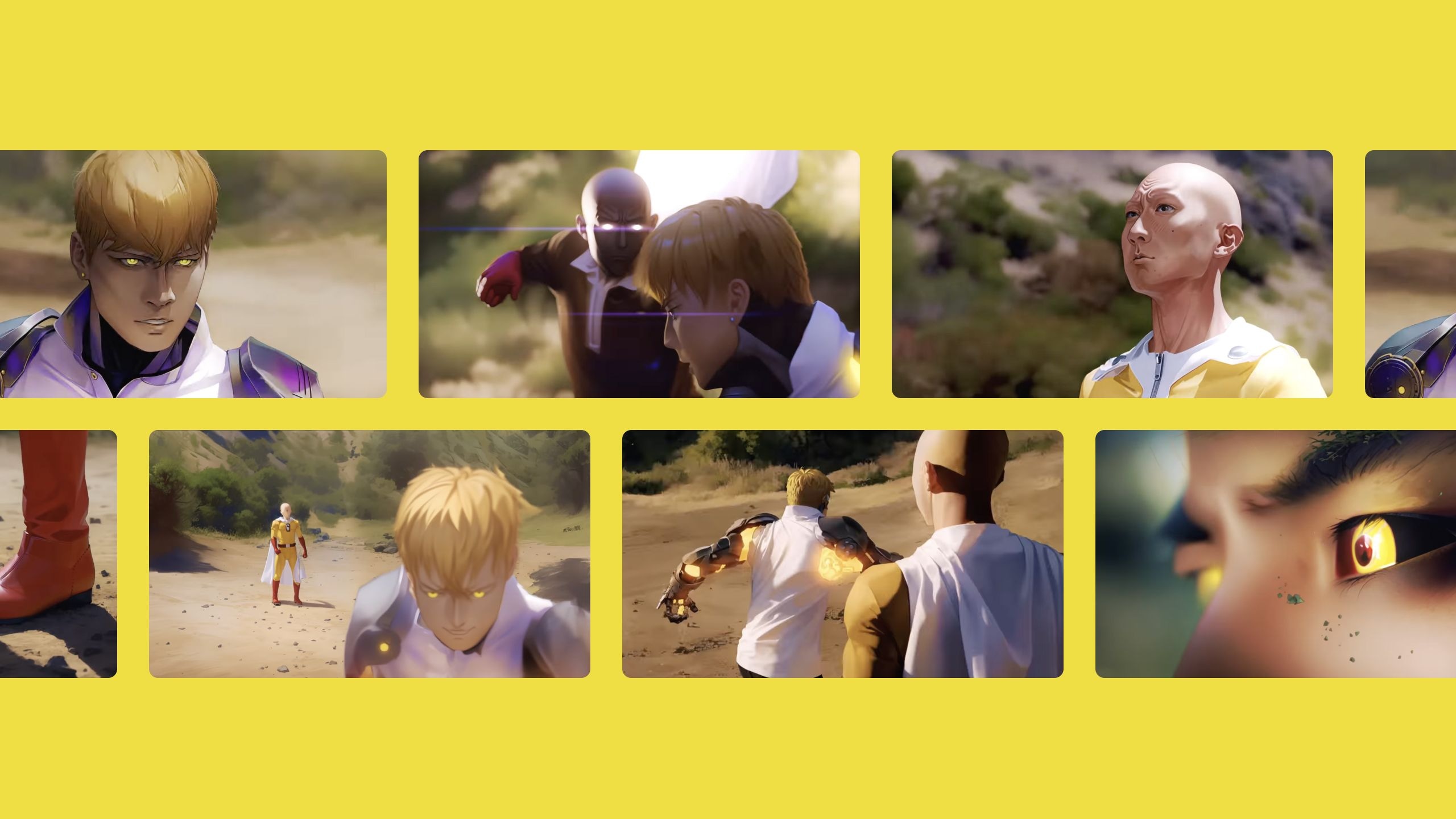 A collage of animated characters in a desert landscape, featuring close-ups and action scenes.