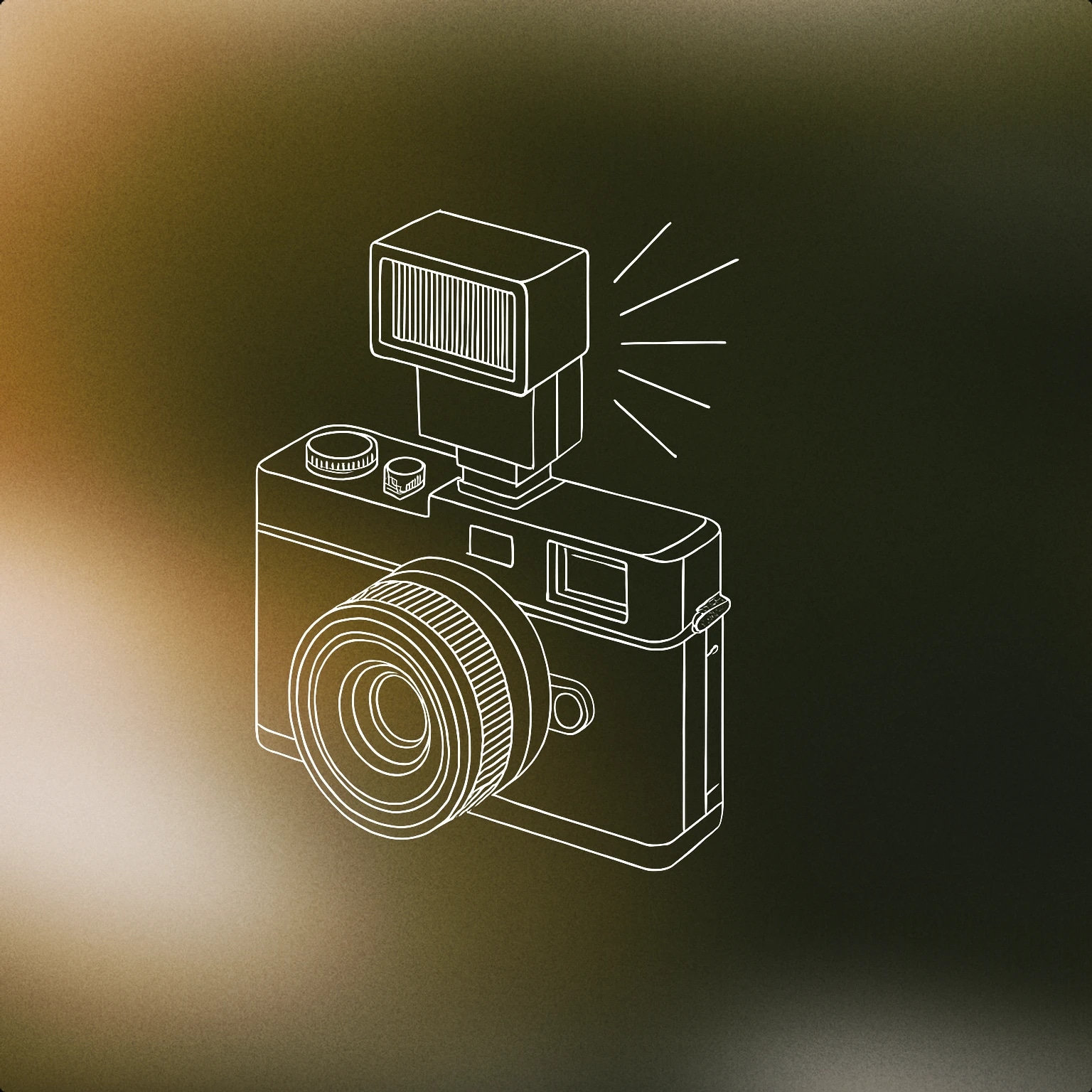 Cover of a compact camera with a prominent flash unit emitting stylized light rays for Camera Flash sound effects