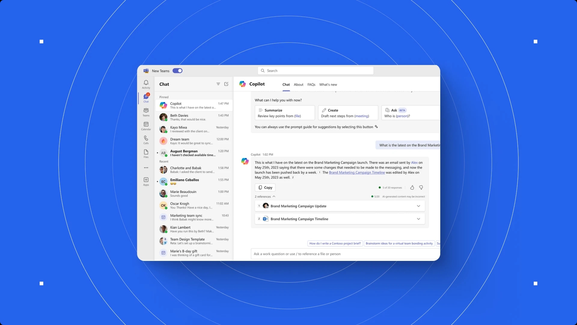 Screenshot of a Microsoft Teams chat window with a conversation about a brand marketing campaign.