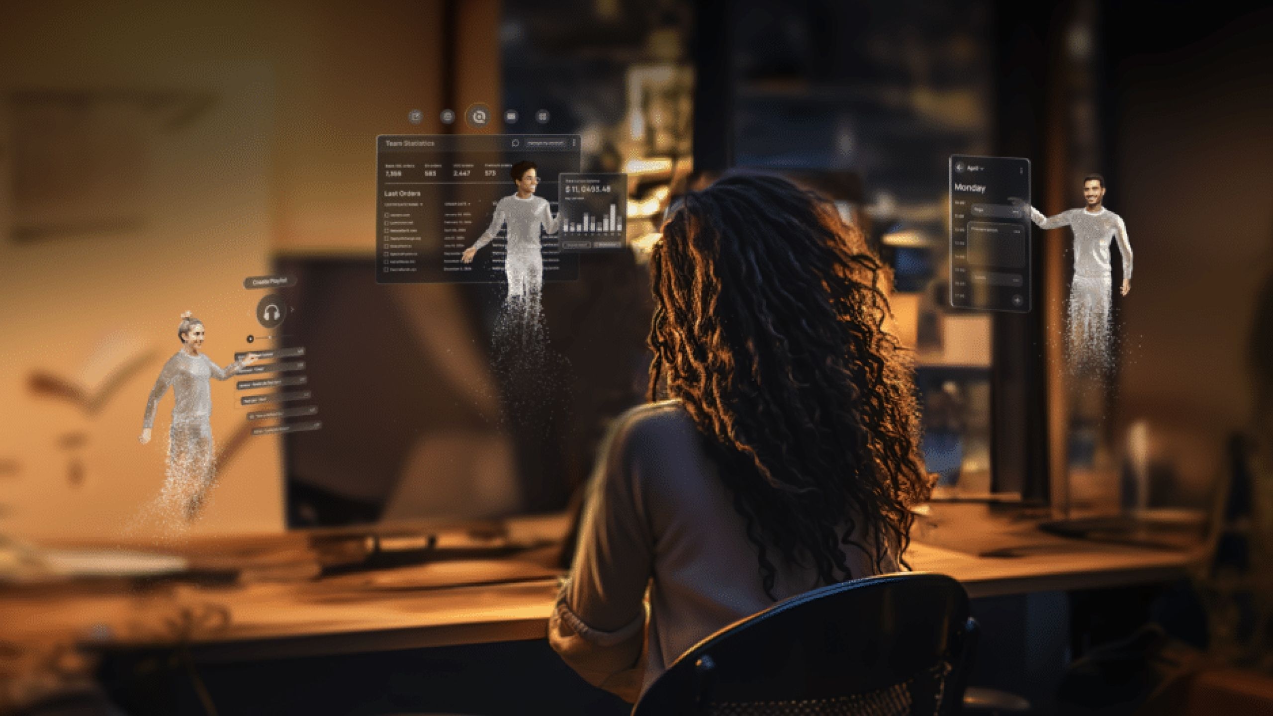 A woman with curly hair sitting at a desk, interacting with holographic digital figures and data displays in a futuristic workspace.
