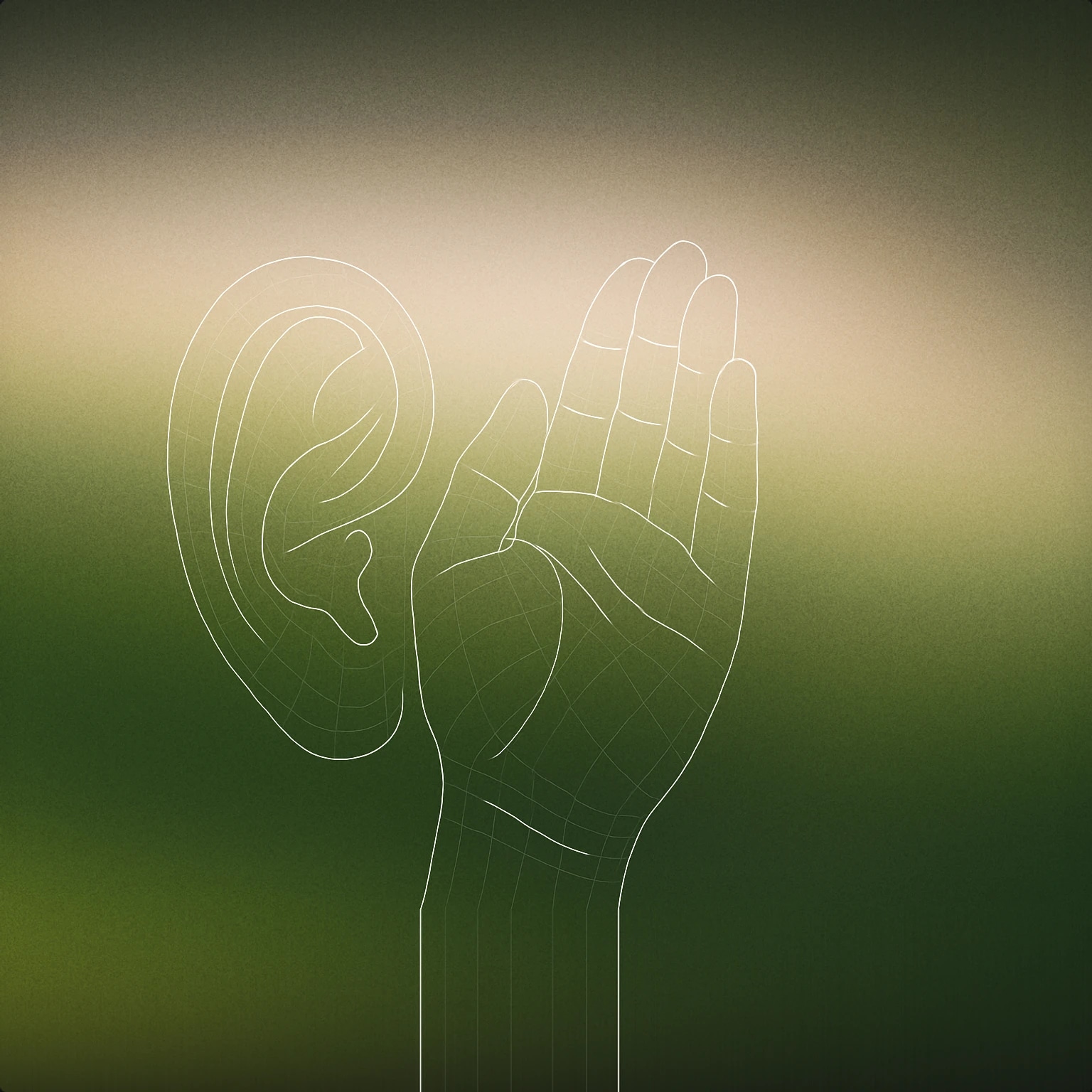 Cover of a single ear with a gently cupped hand next to it for Whisper sound effects