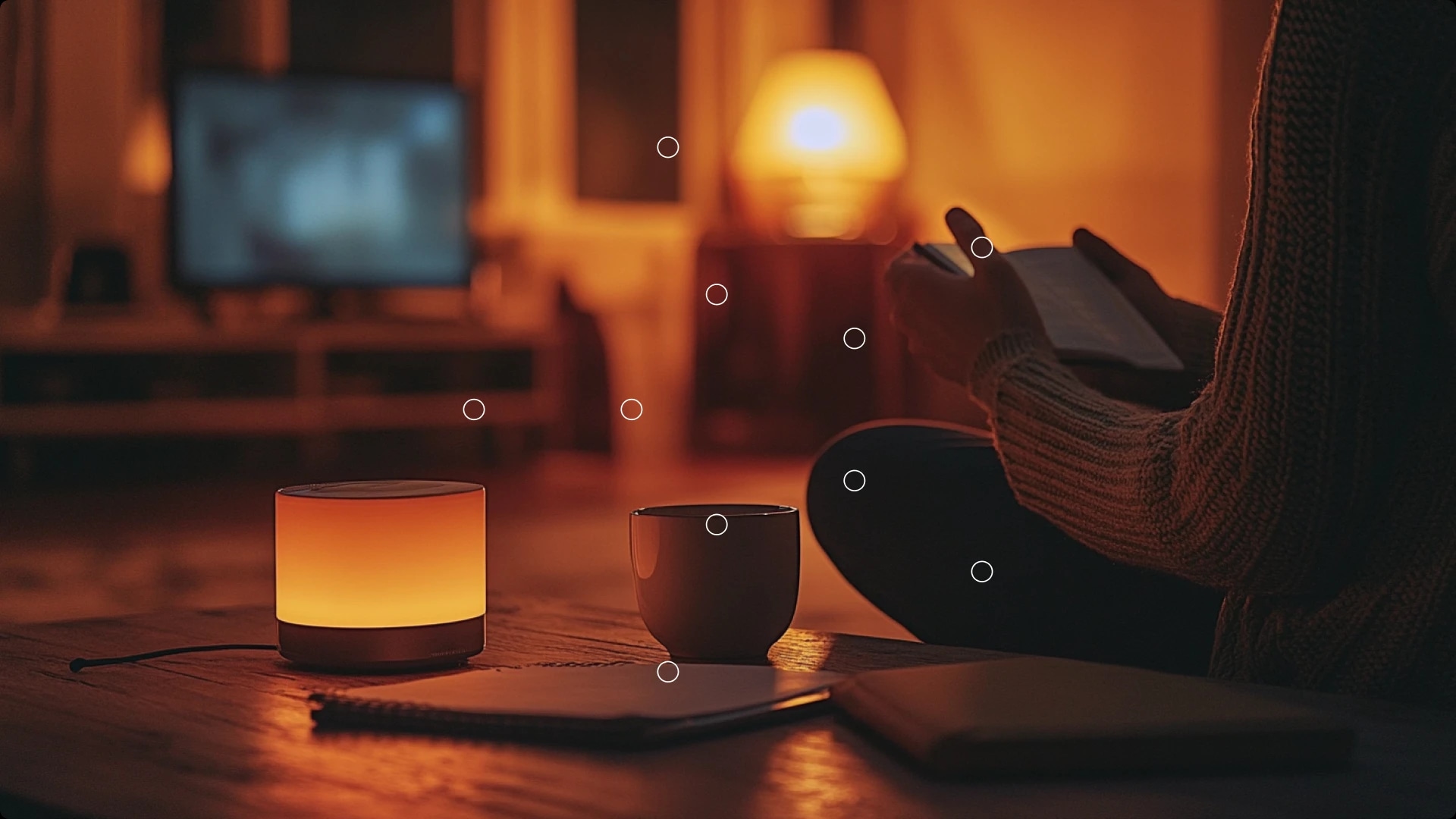 A person sitting on the floor using a tablet, with a lit candle and a mug on a wooden table in a cozy, dimly lit room.