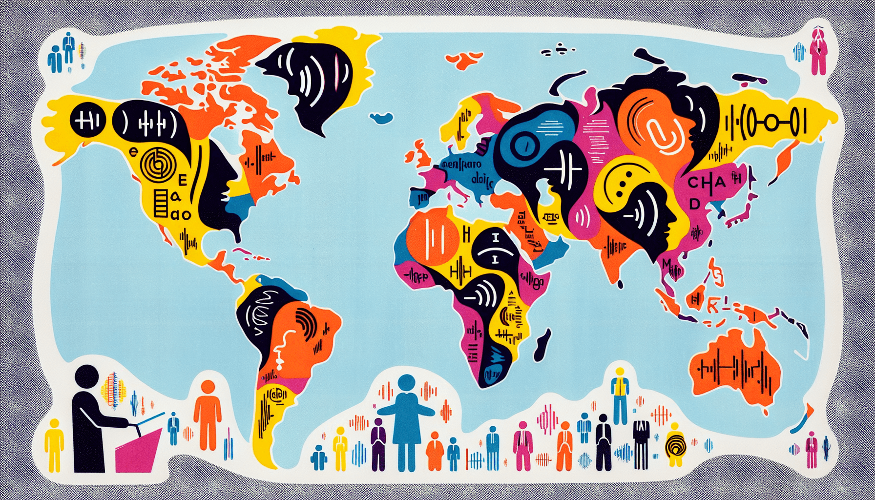 Colorful world map with abstract human figures and symbols representing different cultures and languages.