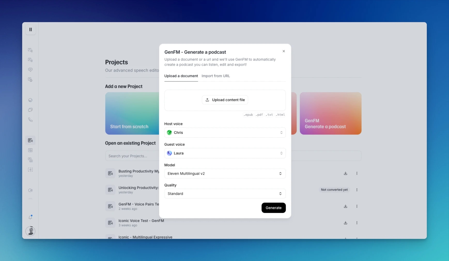 Screenshot of a computer screen showing a project management interface with a pop-up window for generating a podcast using GenFM.