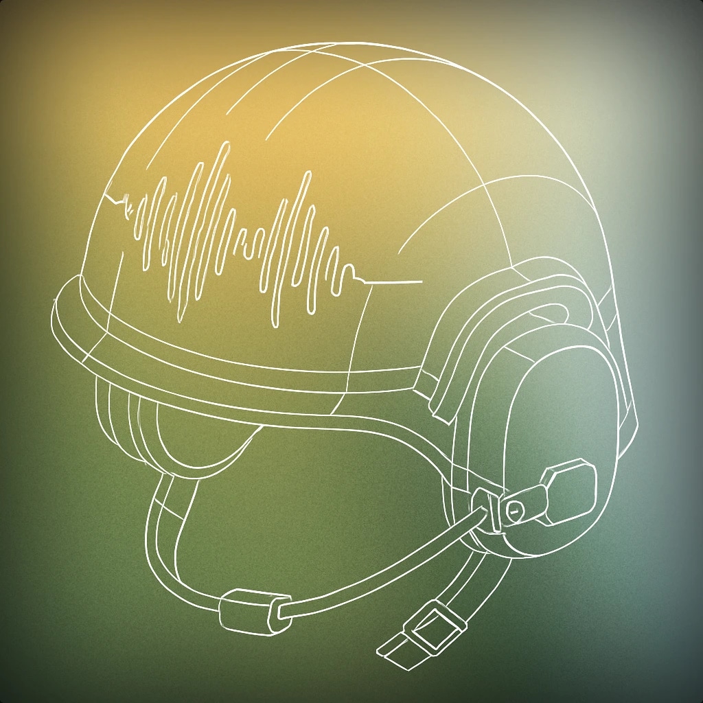 Cover of a stylized military helmet with a soundwave pattern etched across its surface for Warfare sound effects