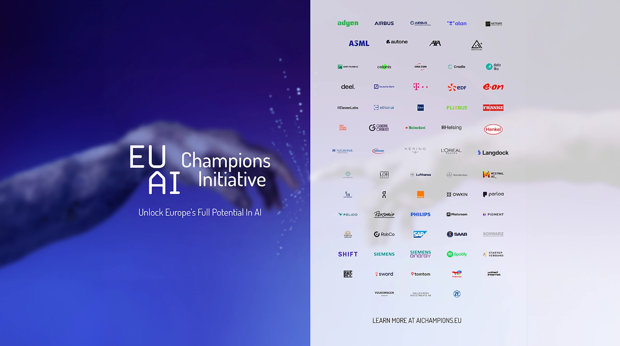 EU Champions AI Initiative logo with partner logos and the tagline "Unlock Europe's Full Potential In AI."