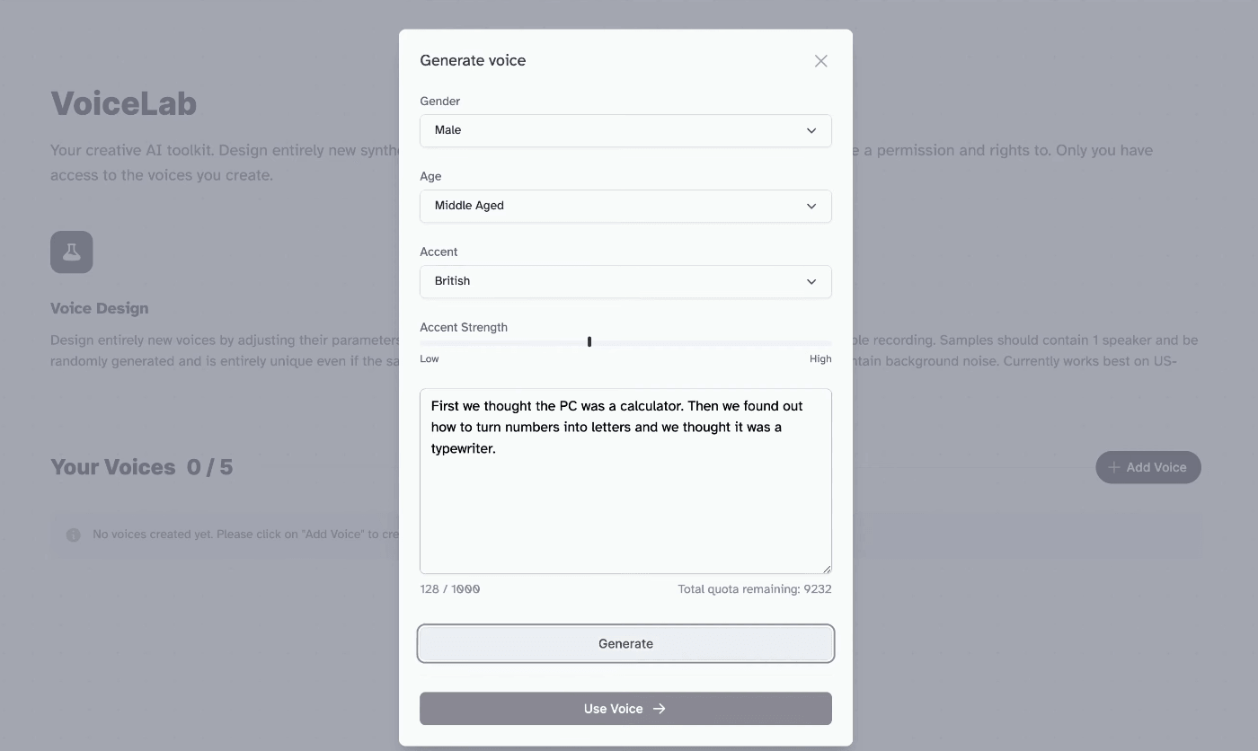 A screenshot of a voice generation interface with options for gender, age, accent, and strength, and a text box containing a sample sentence.
