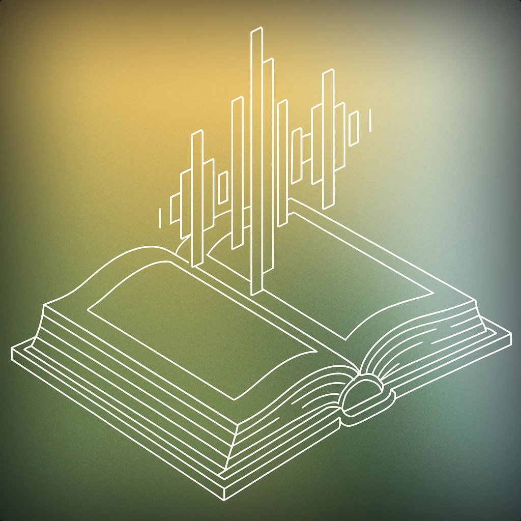 Cover of An open ancient book with stylized soundwave symbols emanating from its pages for Magic Spell sound effects