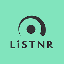 A black circular logo with a curved line and the text "LiSTNR" below, on a teal background.