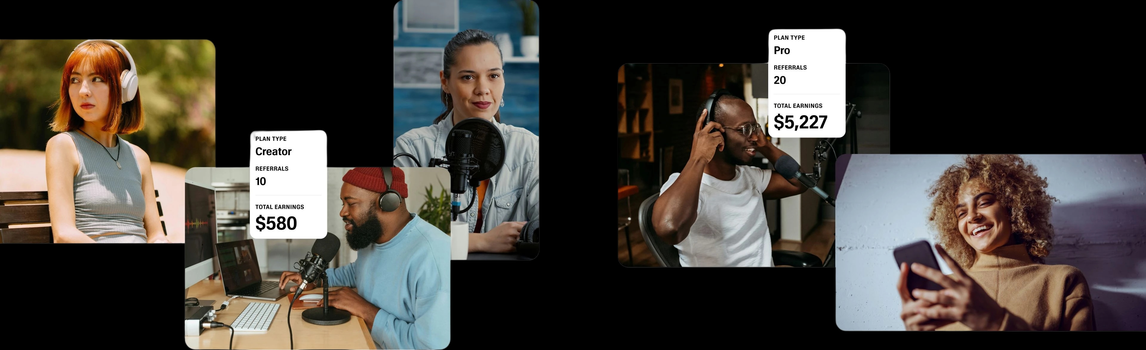 Collage of five people working with audio equipment and using smartphones, with overlayed stats showing earnings and referral counts.