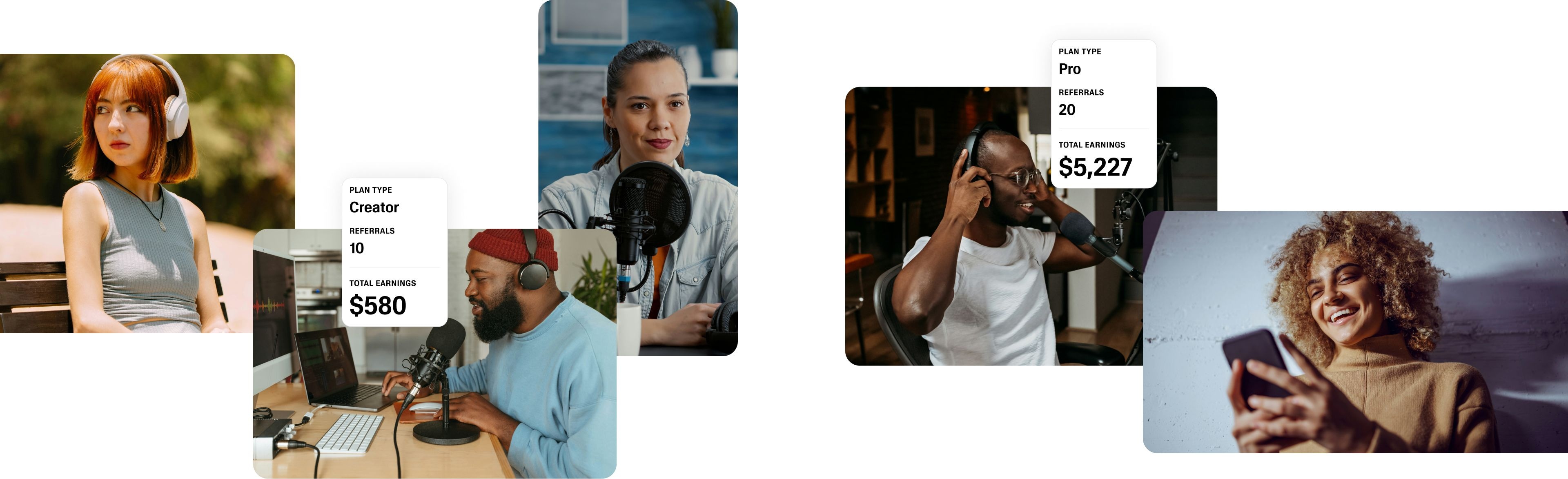 Collage of five people working with audio equipment and using smartphones, with overlayed stats showing earnings and referral counts.