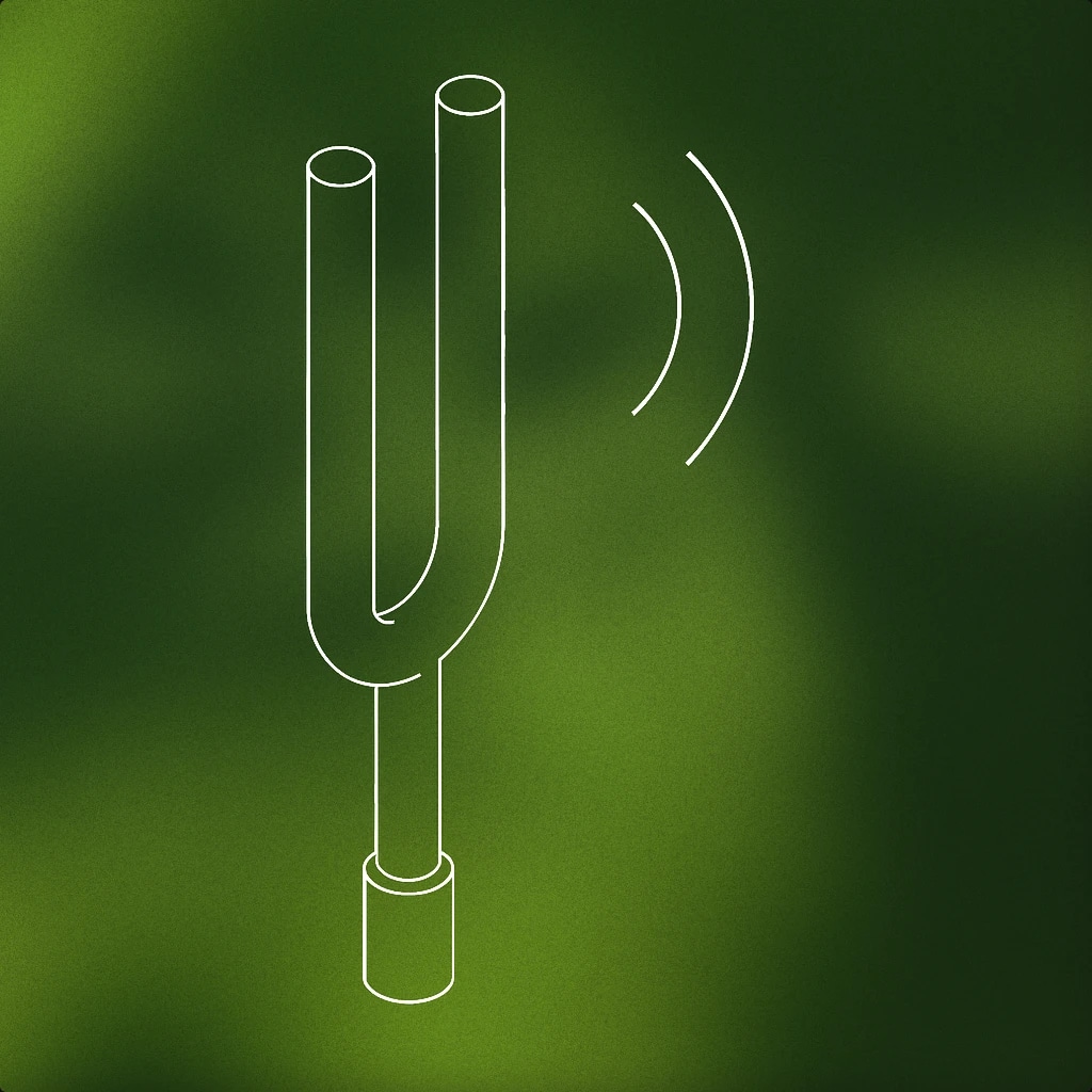 Cover of minimalistic metallic tuning fork with a single, stylized vibration line emanating from its prongs for Metal sound effects