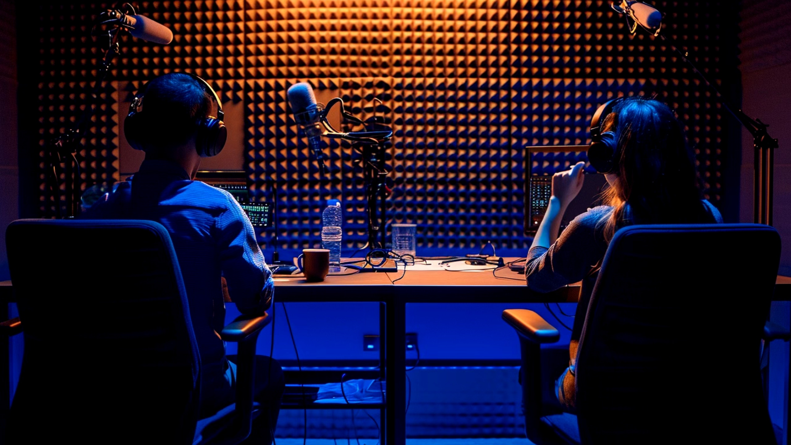 Two people recording a podcast in a soundproof studio with microphones and headphones.