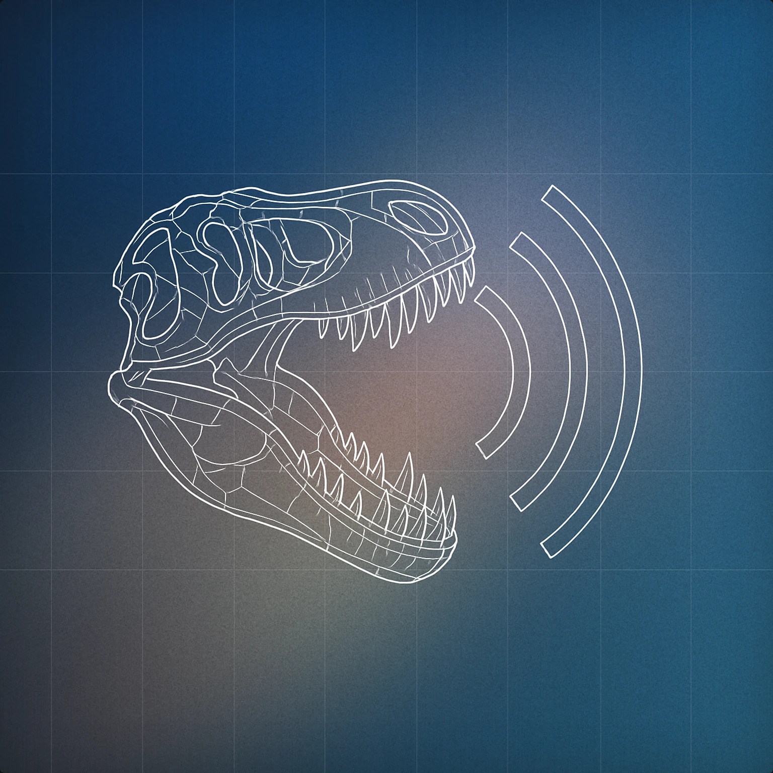 Cover of A large, skeletal T Rex skull with its mouth open, emitting stylized sound waves for T Rex sound effects