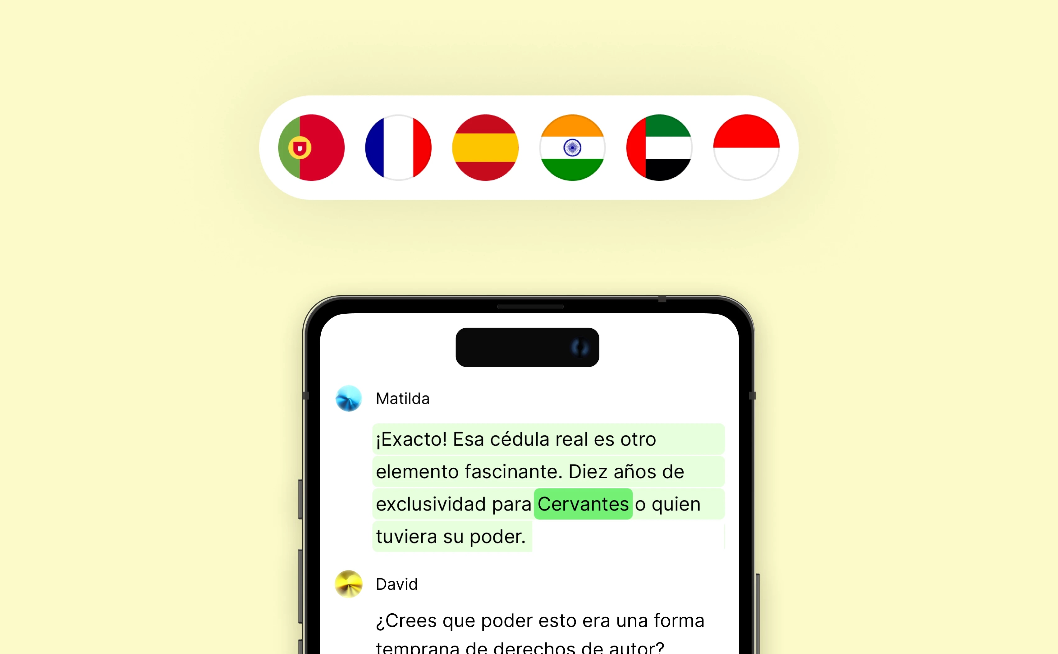 A smartphone displaying a chat conversation with a message mentioning "Cervantes" and a row of six flags at the top.