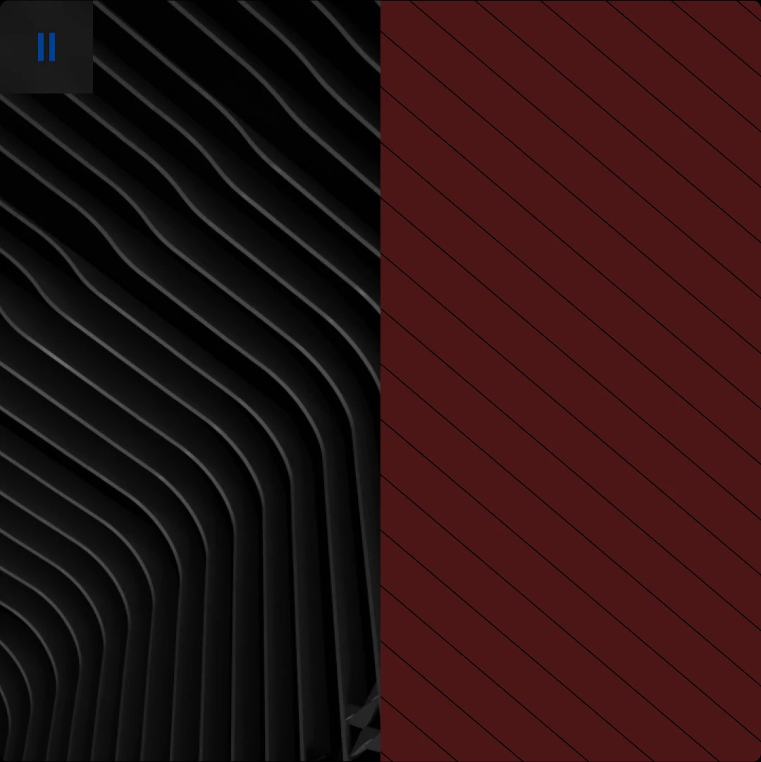 Split screen with black and gray wavy lines on the left and red diagonal lines on the right.